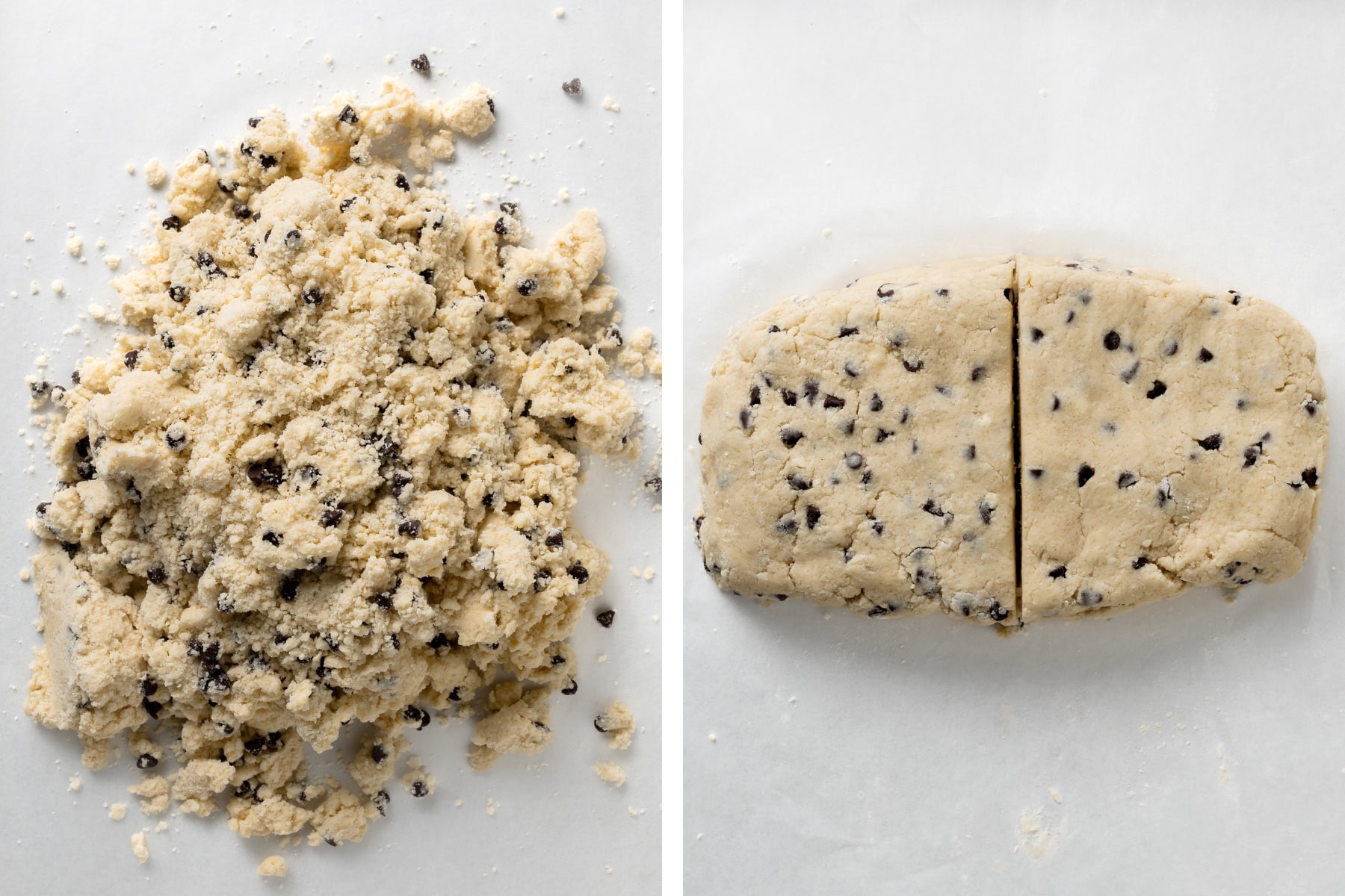 Chocolate Chip Scone dough being rolled then cut in half for lamination.