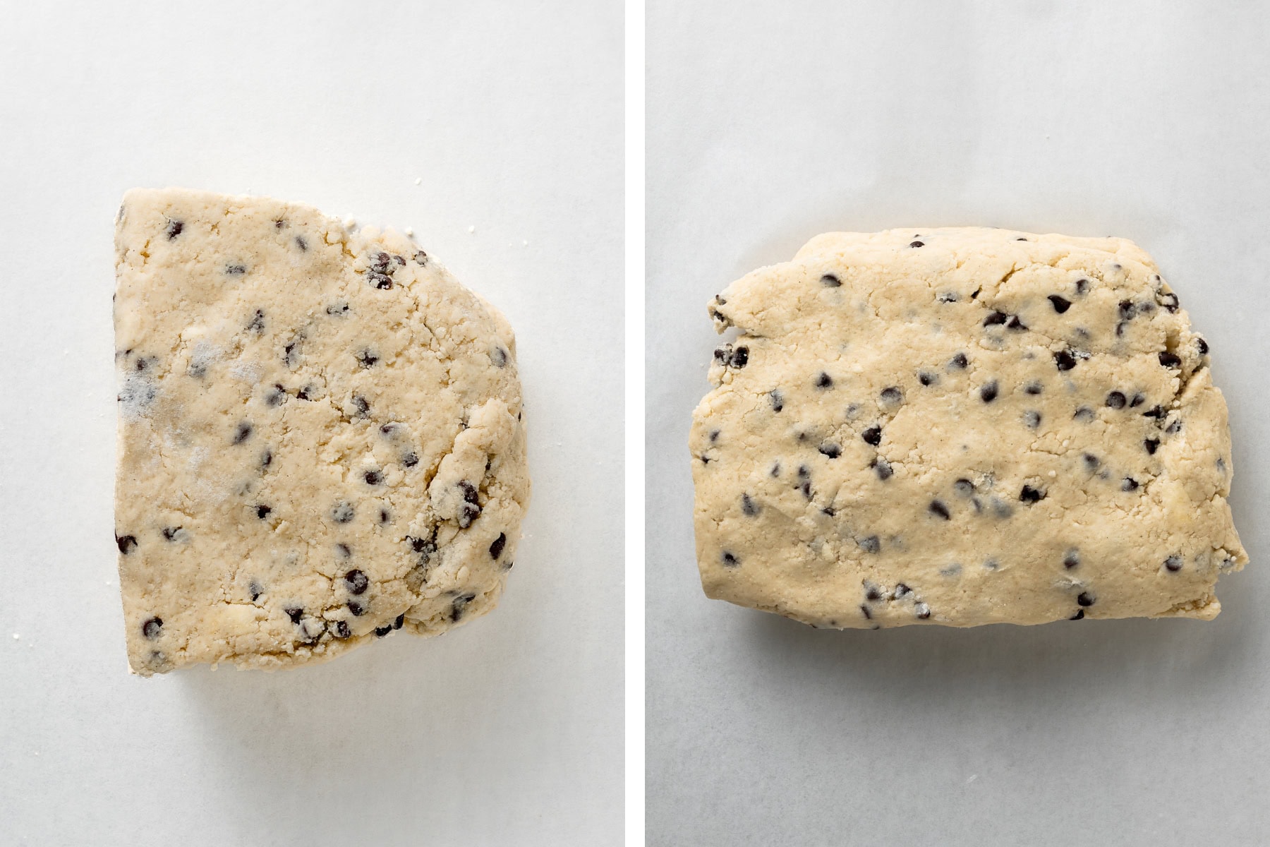 Stacking gluten free chocolate chip scone dough.