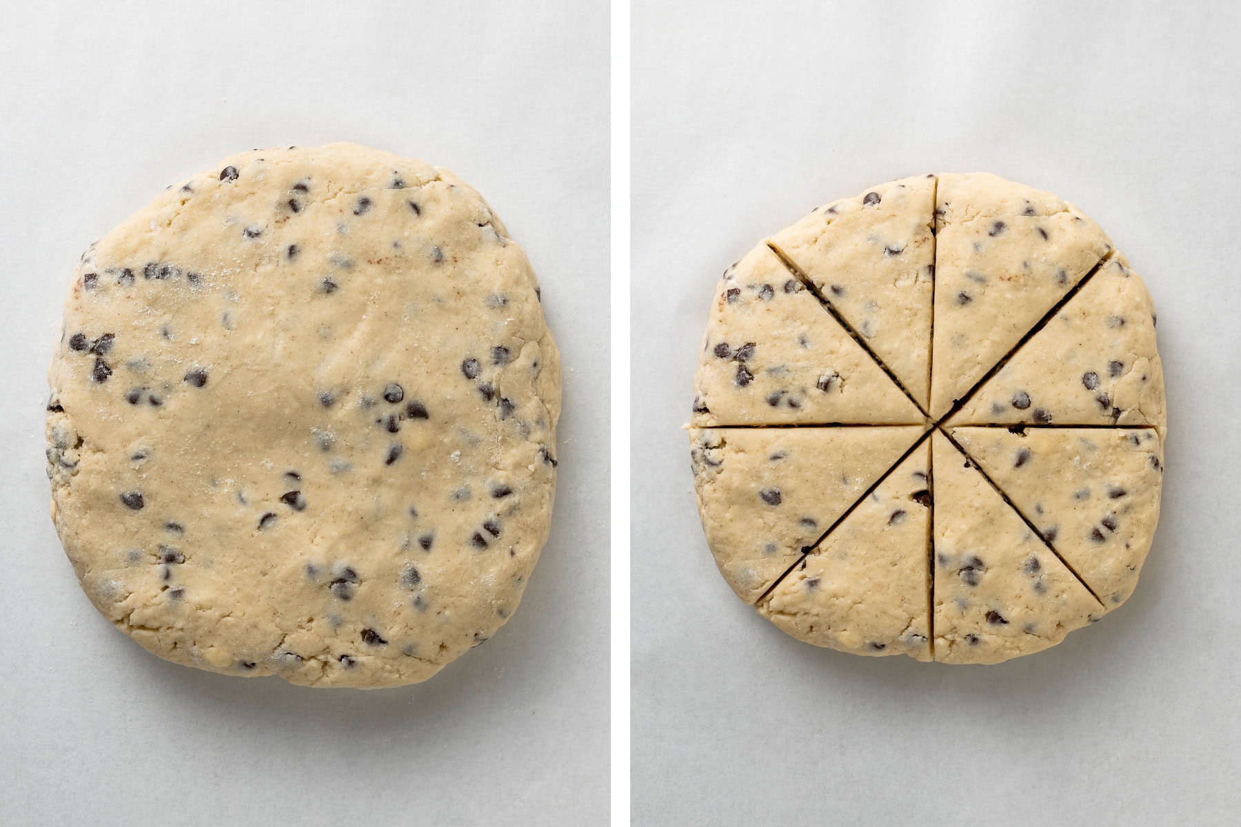 Rolling the scone dough into a round disk, then slicing it into 8 wedges.