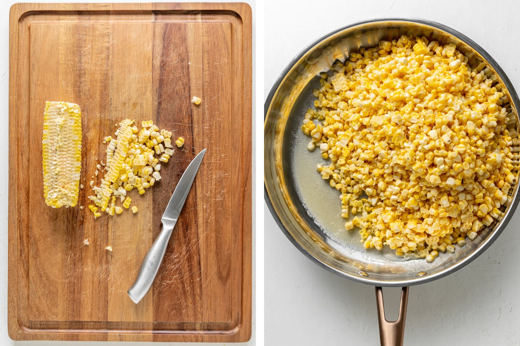 Corn being sliced off the cob, the sauteed in a skillet with butter.
