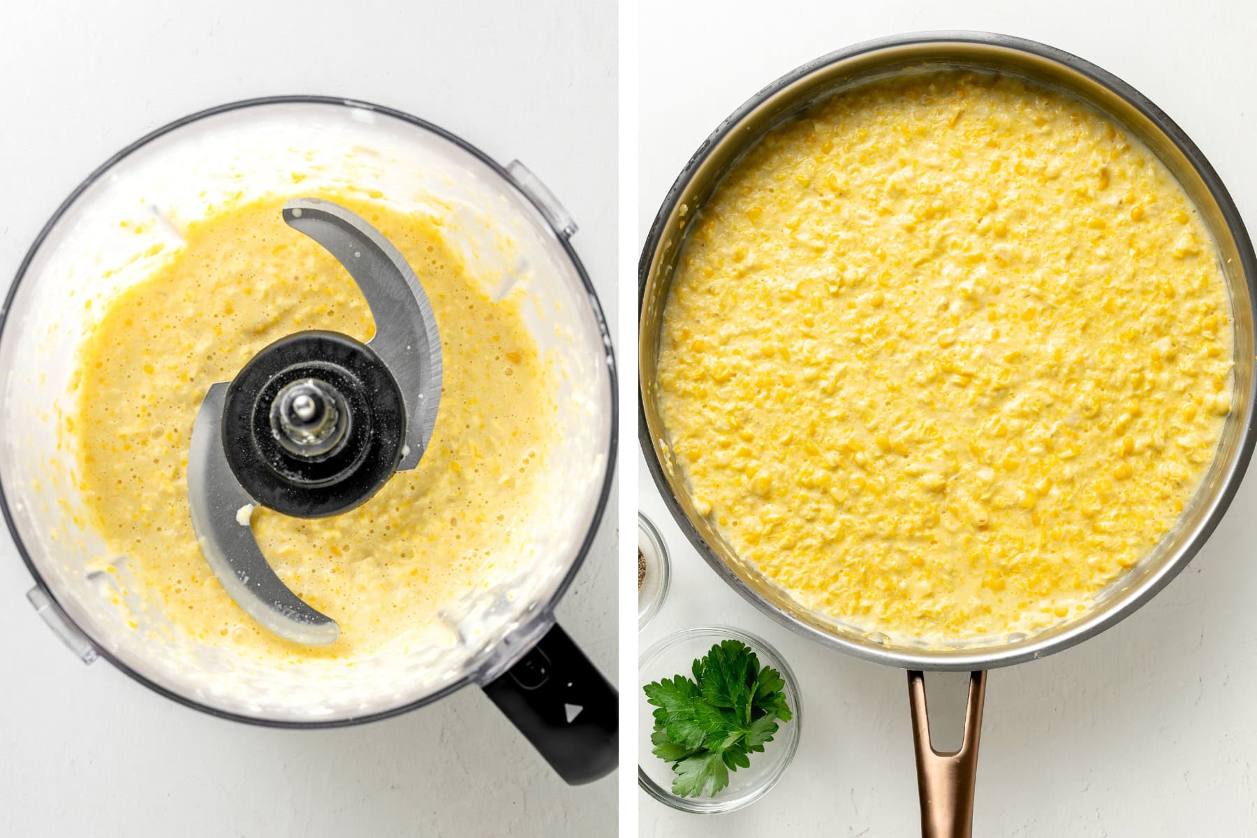 Blend 2 cups of corn in a food processor the add it back to the creamed corn in a skillet.