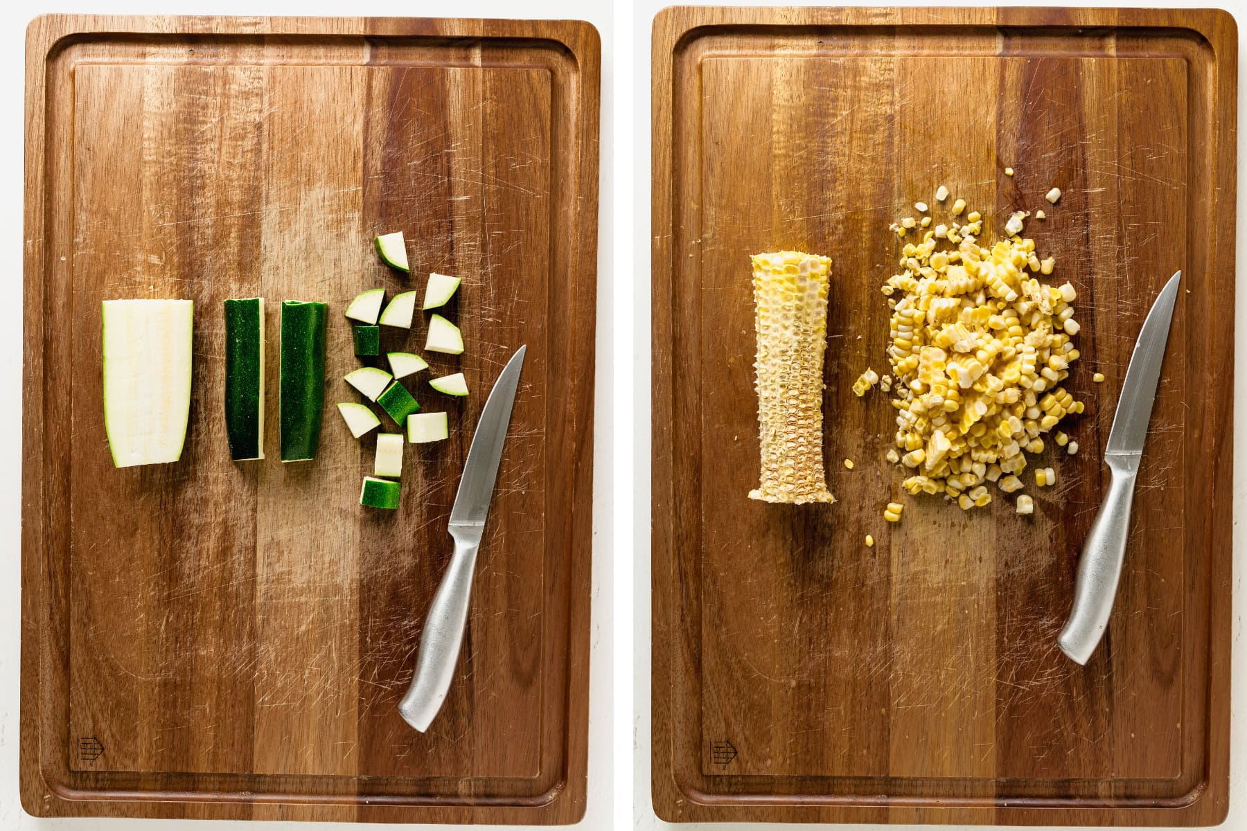 Photo of chopped zucchini and cutting corn off the cob.