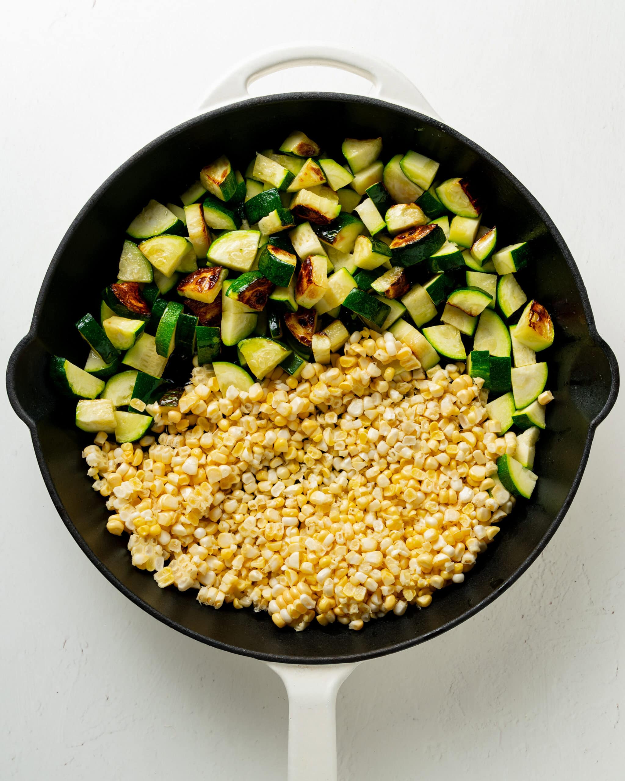Zucchini and Corn in a large skillet.