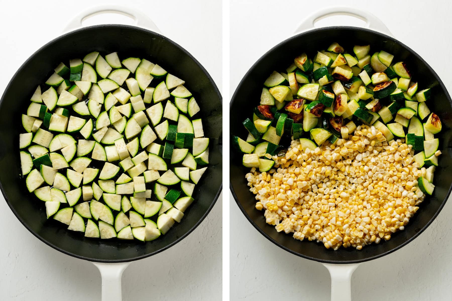 Photo showing zucchini in a large skillet being cooked, with a second photo of corn being added to the skillet.