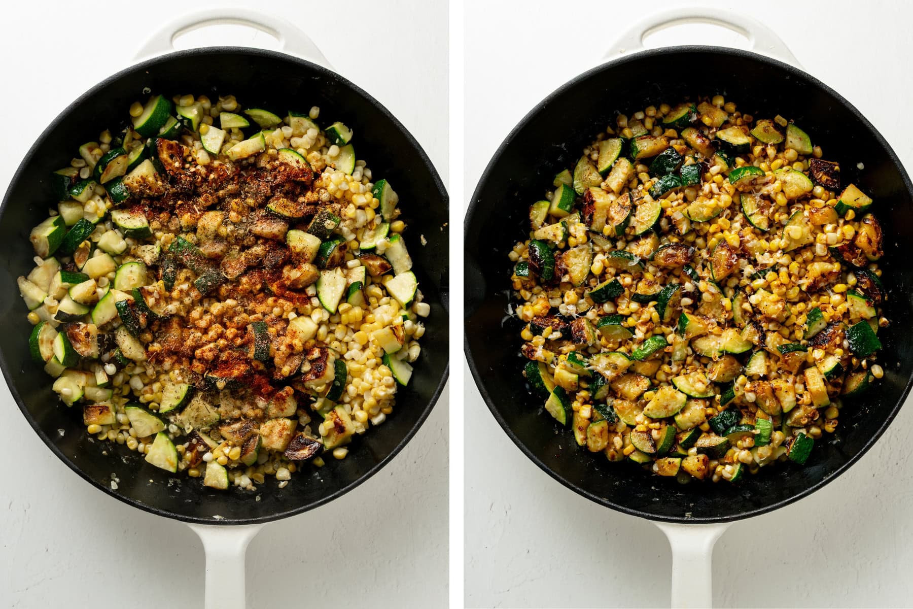 Photo of zucchini and corn with added spices and cheese.