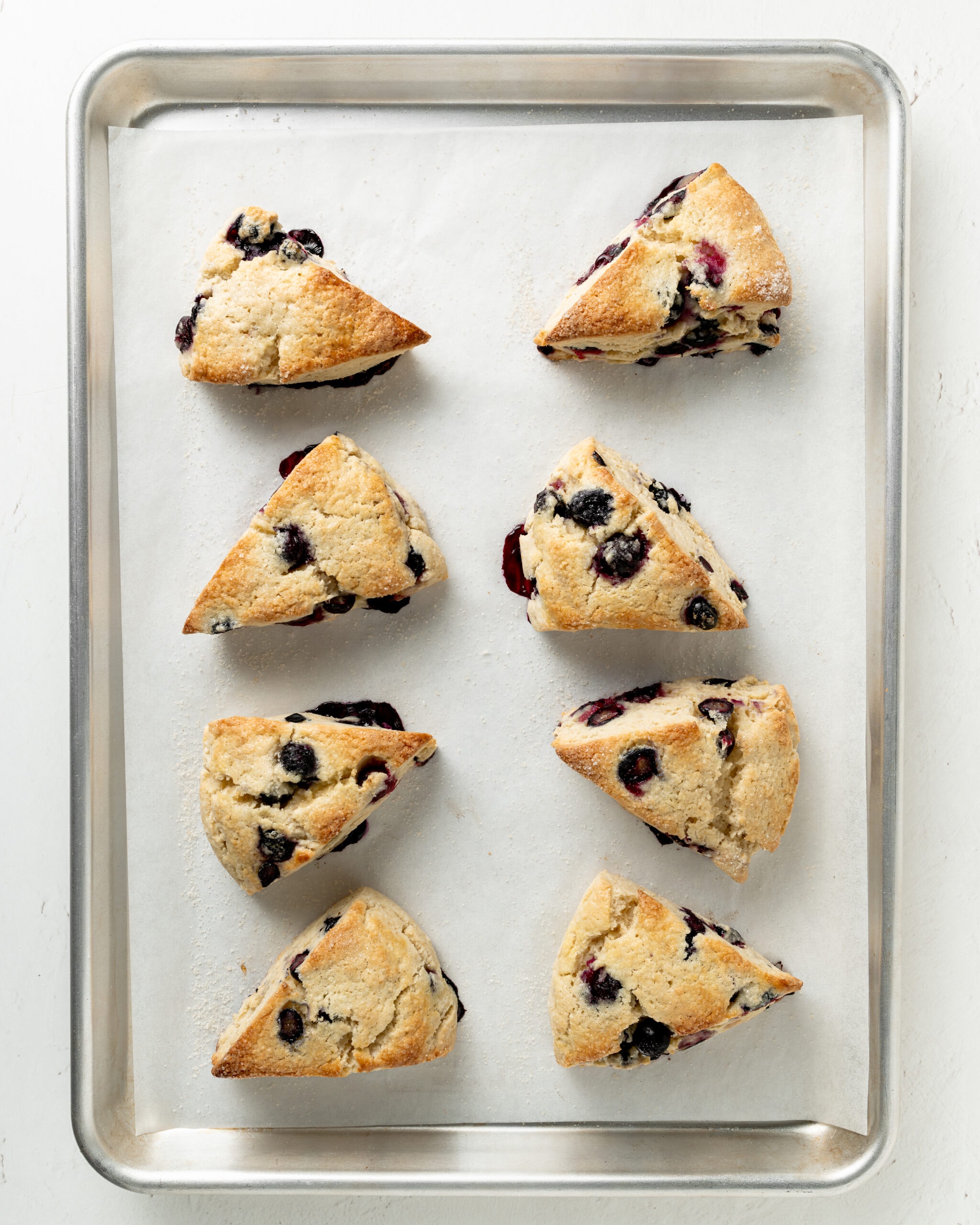 Baked blueberry scones on a lined baking sheet.