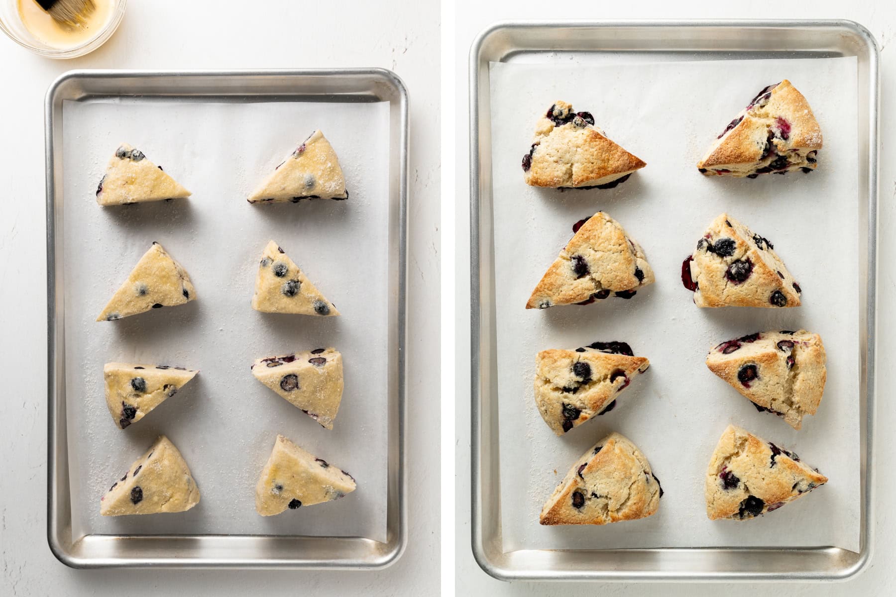Baking blueberry scones on a baking sheet lined with parchment paper.