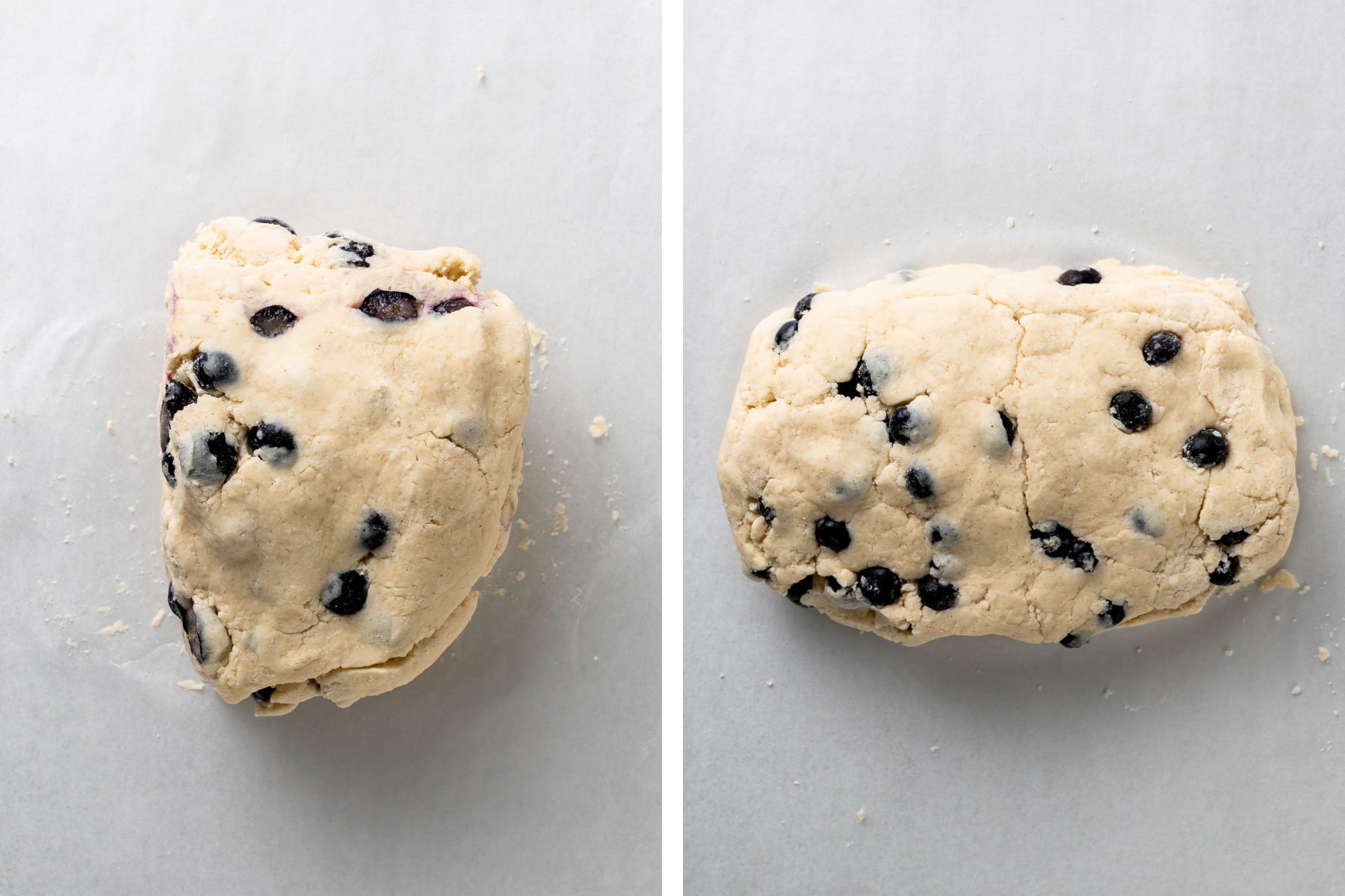 Laimianting blueberry scones dough for flaky layers.