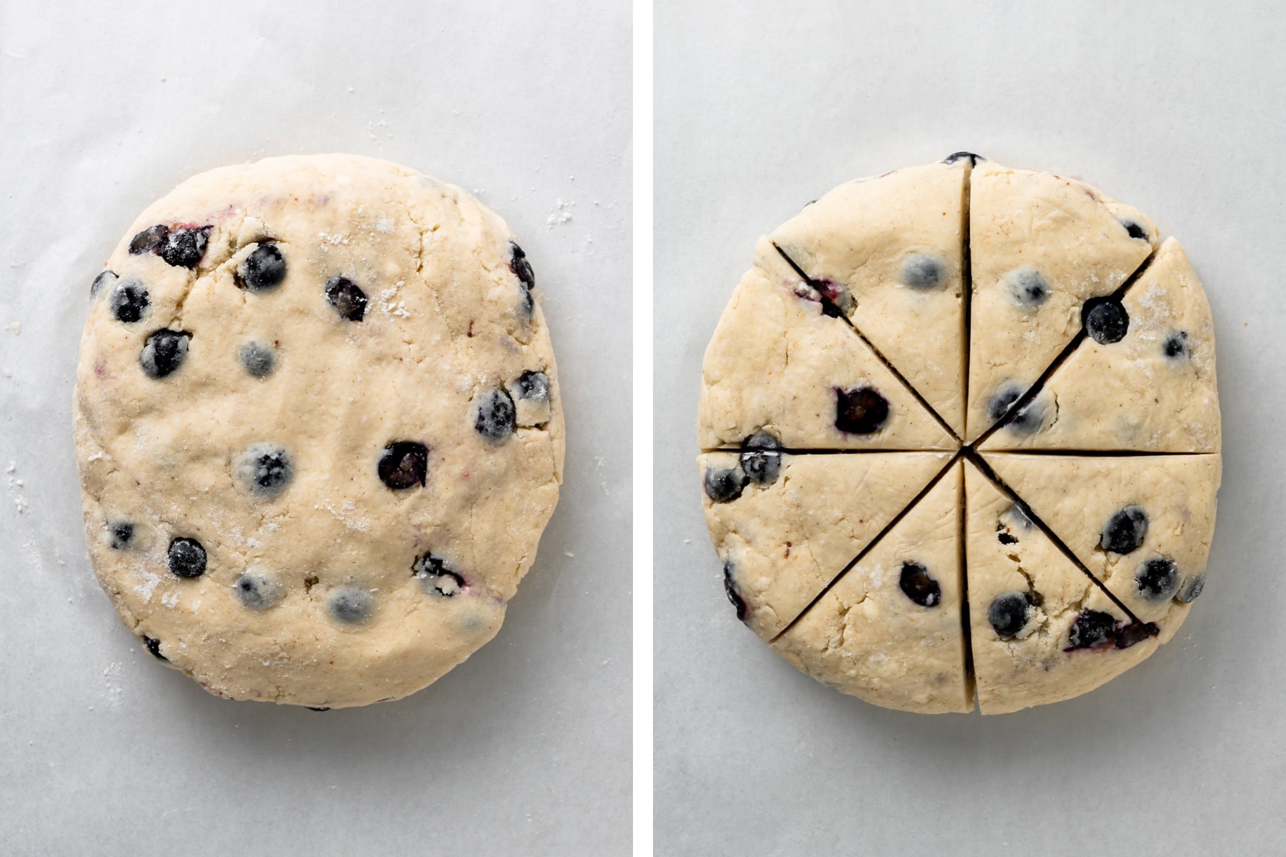 Rounding out and cutting blueberry scone dough into eight triangles.
