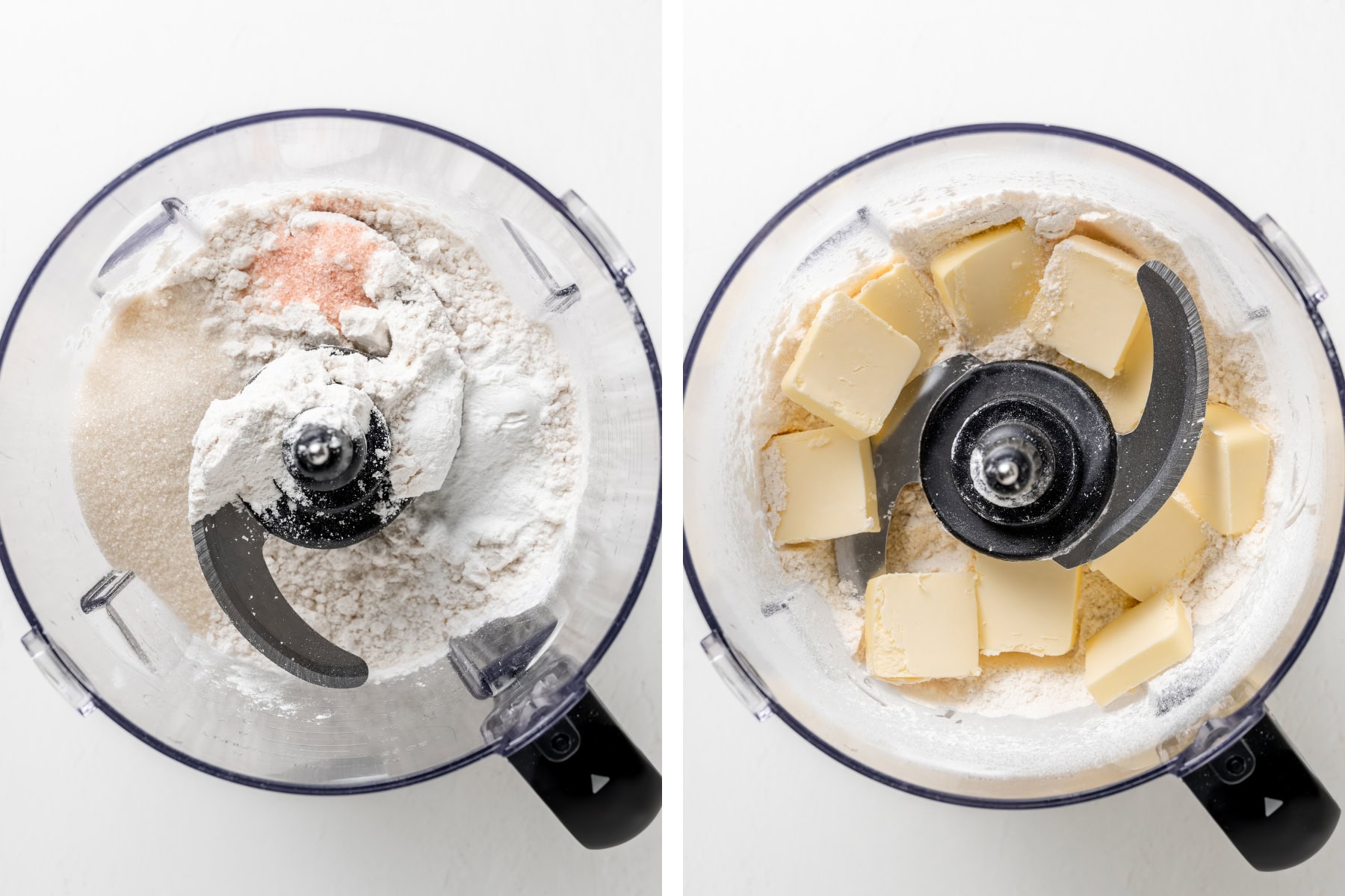 First, add the dry ingredients to the food processor and pulse a few times to combine. Then, add diced frozen butter to the mixture and pulse until coarse crumbs form.