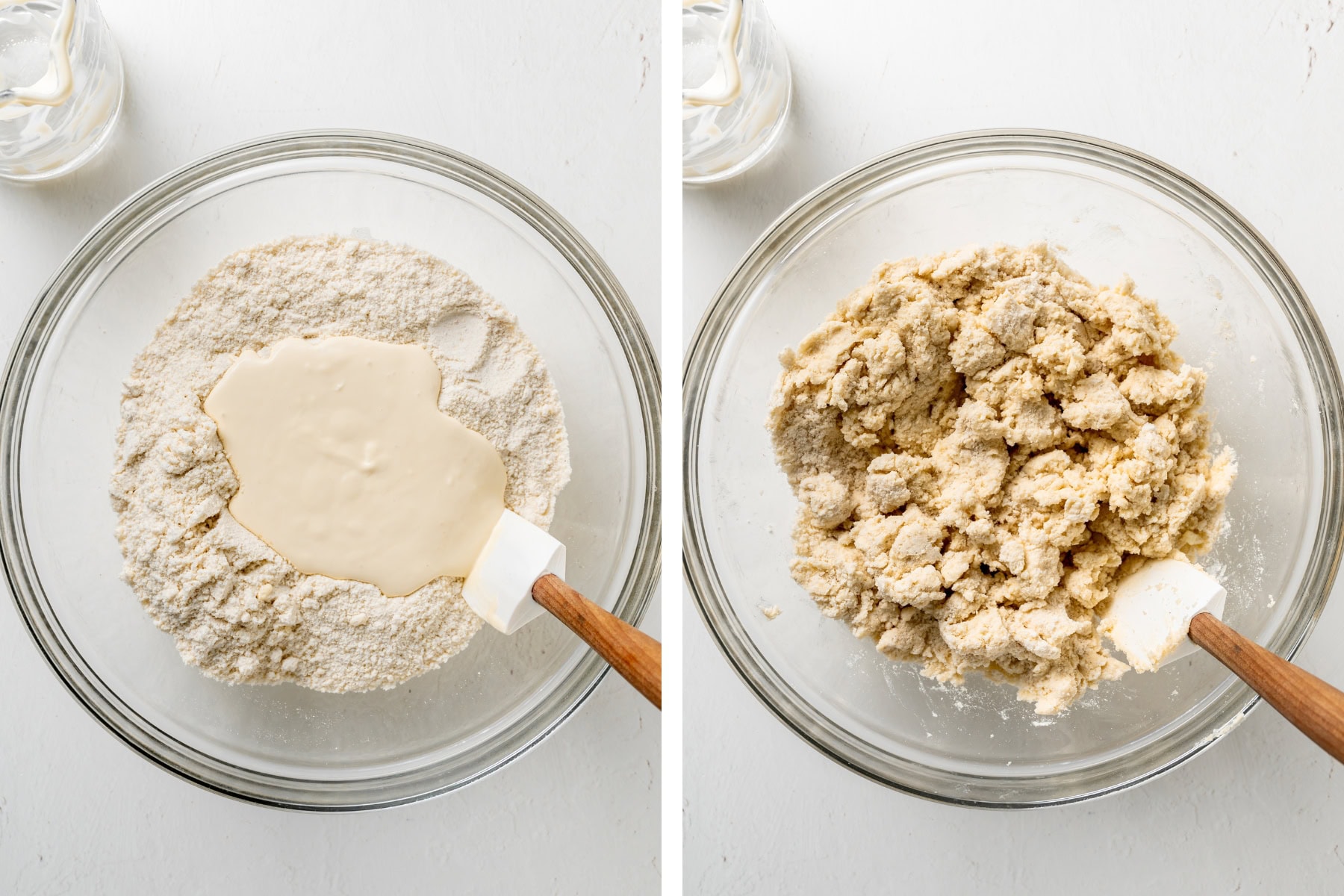 Pour the wet ingredients into the dry mixture. Using a rubber spatula, stir just until a shaggy, crumbly dough forms. The dough will look very loose and have some dry bits at the bottom, but it should hold together when pinched. Do not overmix.
