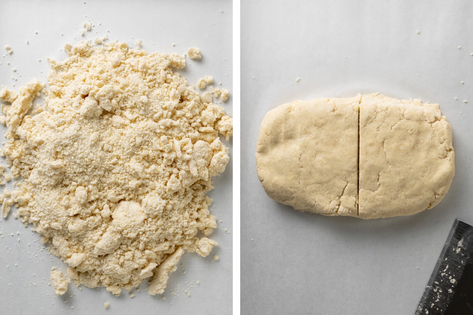 Turn the dough out onto a lightly floured surface. Using your hands, gently press and knead it until it just comes together. Shape the dough into a rectangle, then cut it in half.
