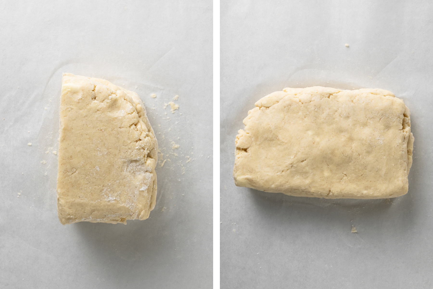 Rotate the stacked dough 90 degrees, press it down gently, and repeat the cutting and stacking process.
Repeat this process two more times, for a total of four repetitions.