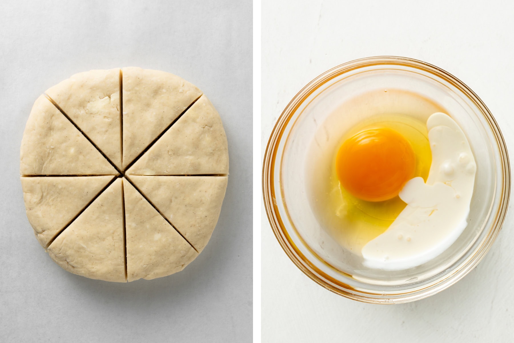 Cut the gluten free scone disk into 8 triangles, then make an egg wash.
