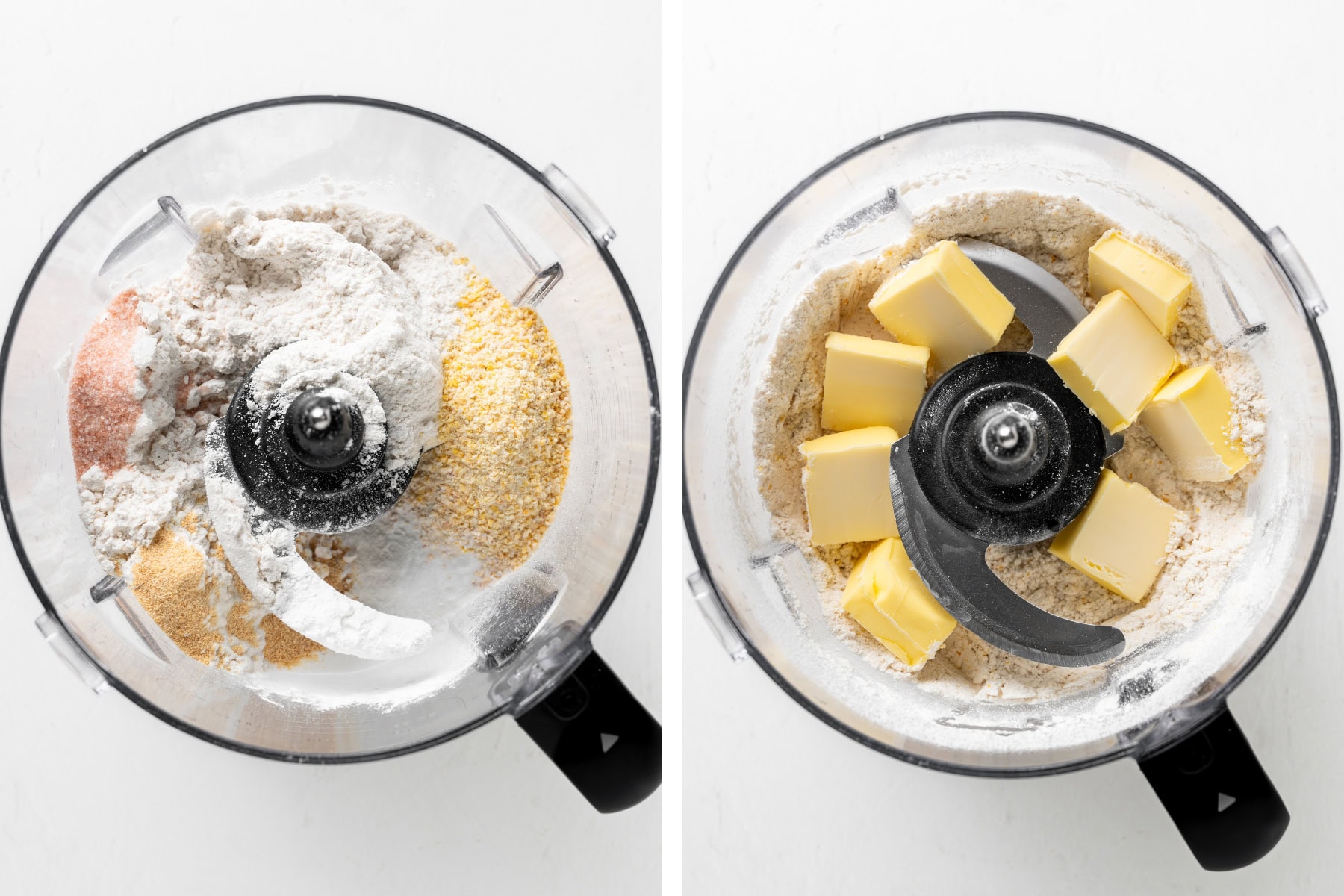Mixing the dry ingredients and butter in a food processor for cornmeal biscuits.