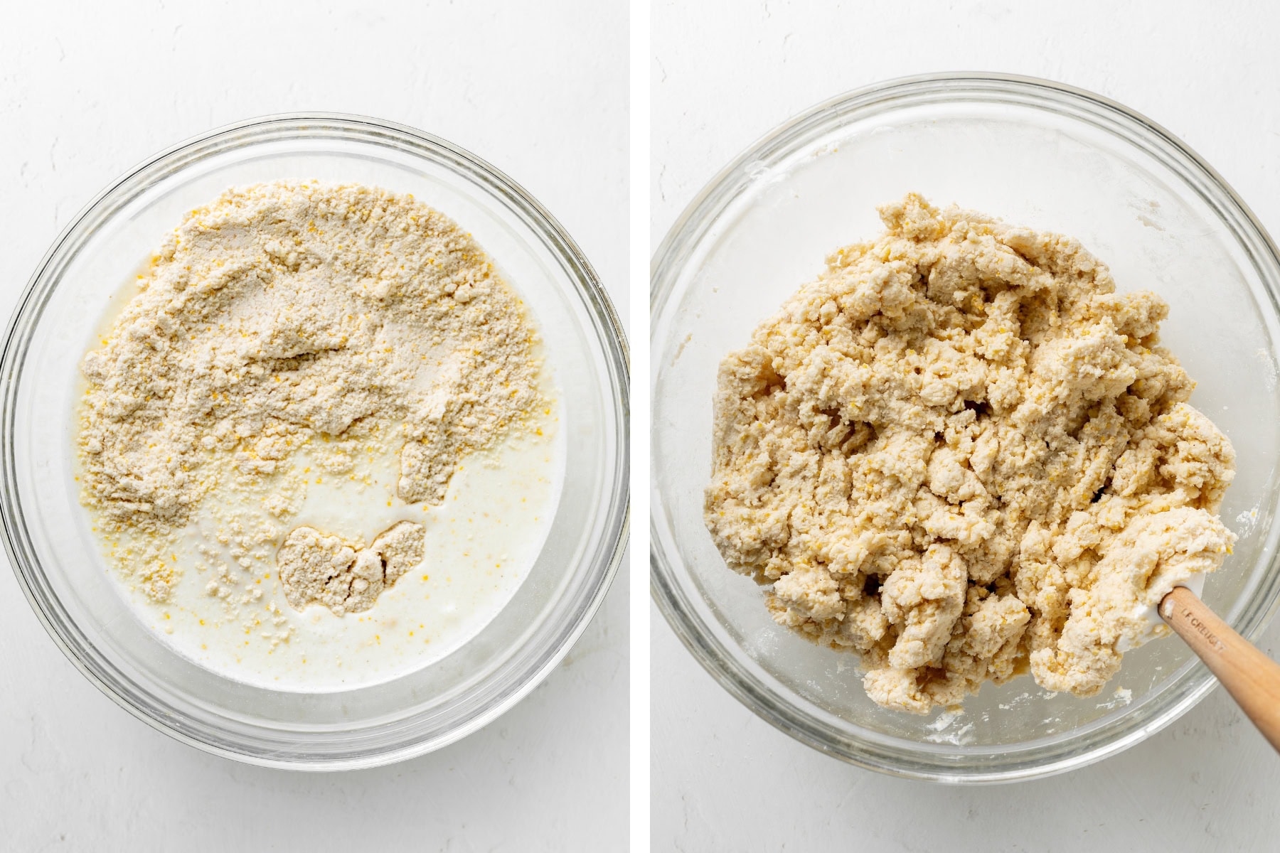 Mixing the wet and dry ingredients in a bowl for cornmeal biscuits.