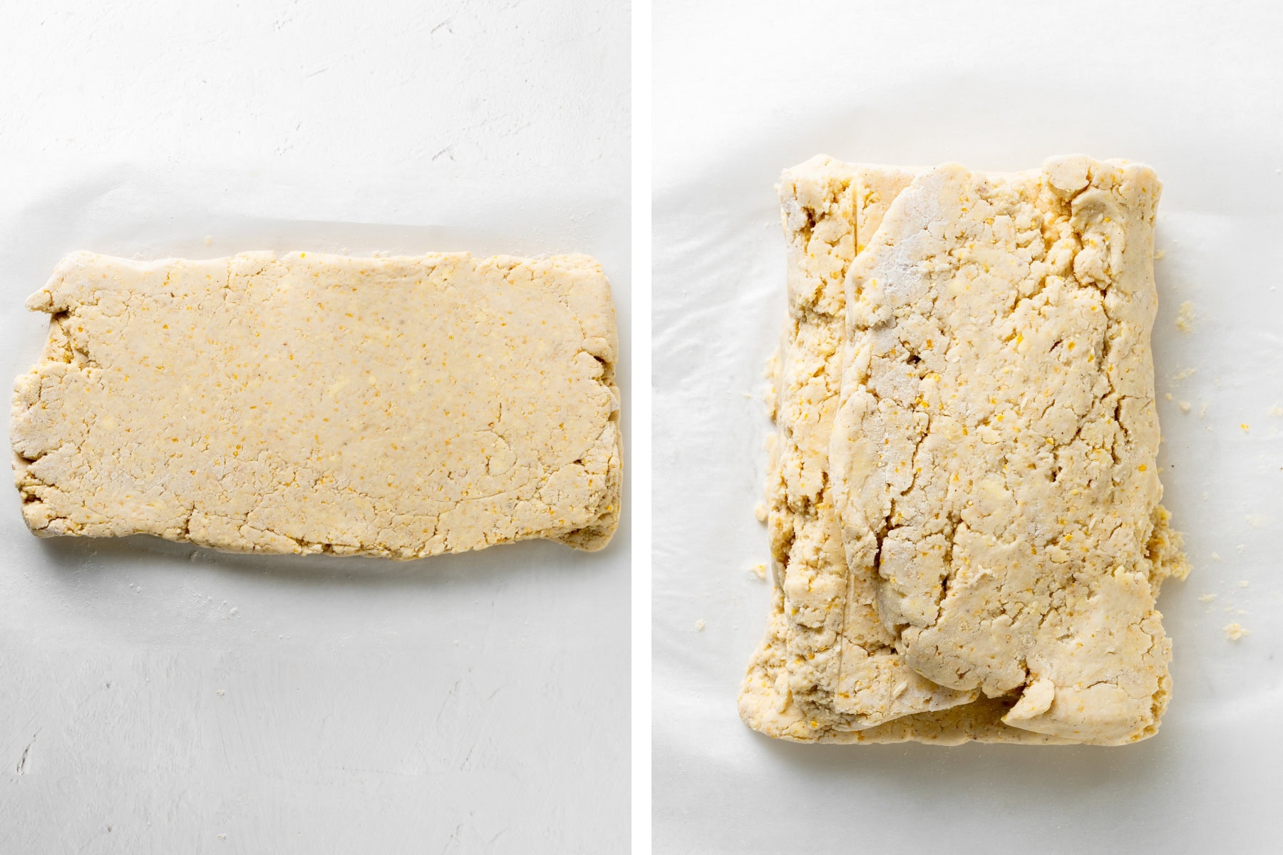 Folding the cornmeal biscuit dough into a rectangle, then laminating for flaky layers.