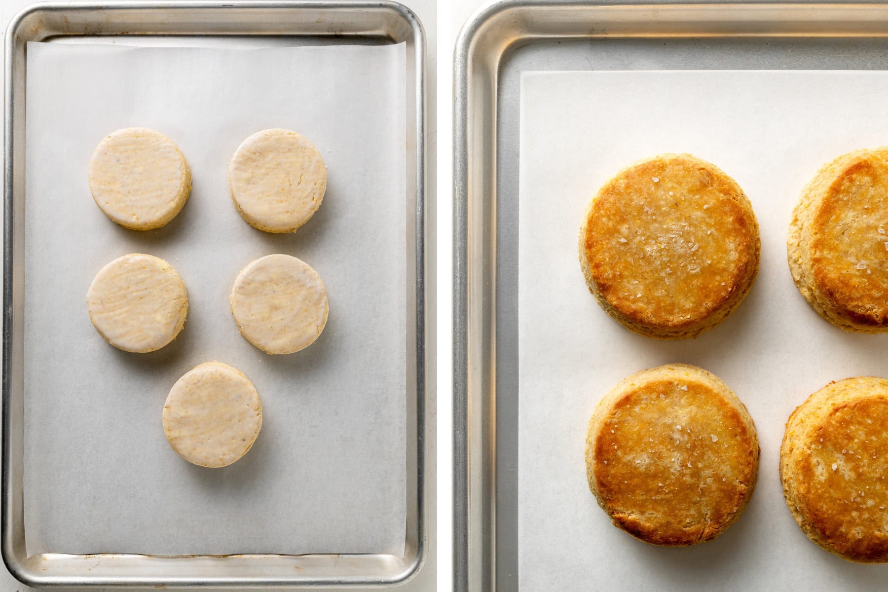 Cornmeal biscuit dough before and after baked.