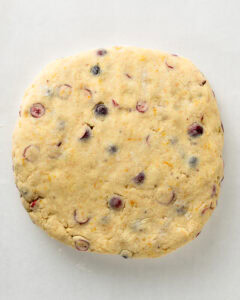 Cranberry Orange Scone Dough Shaped into a Round Disk.