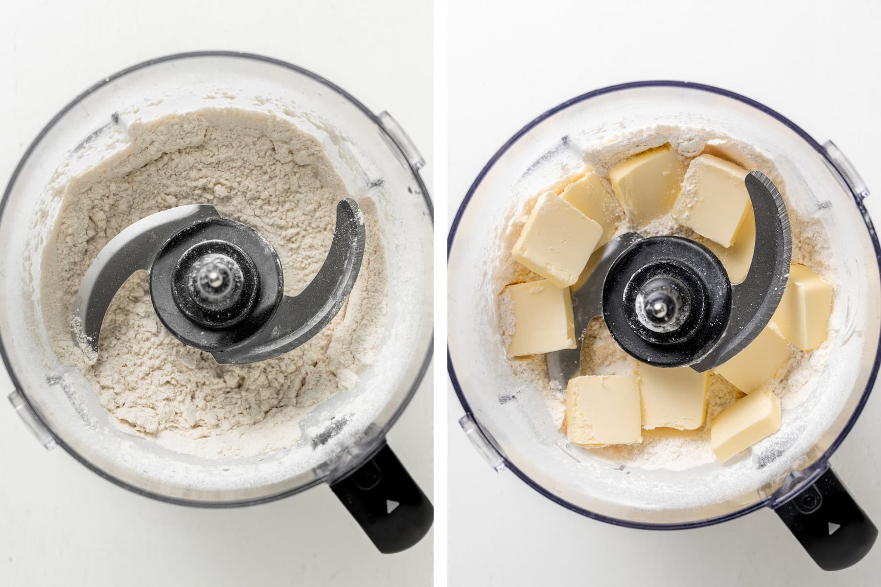 Overhead shot of dry ingredients in a food processor and butter for cranberry orange scones.