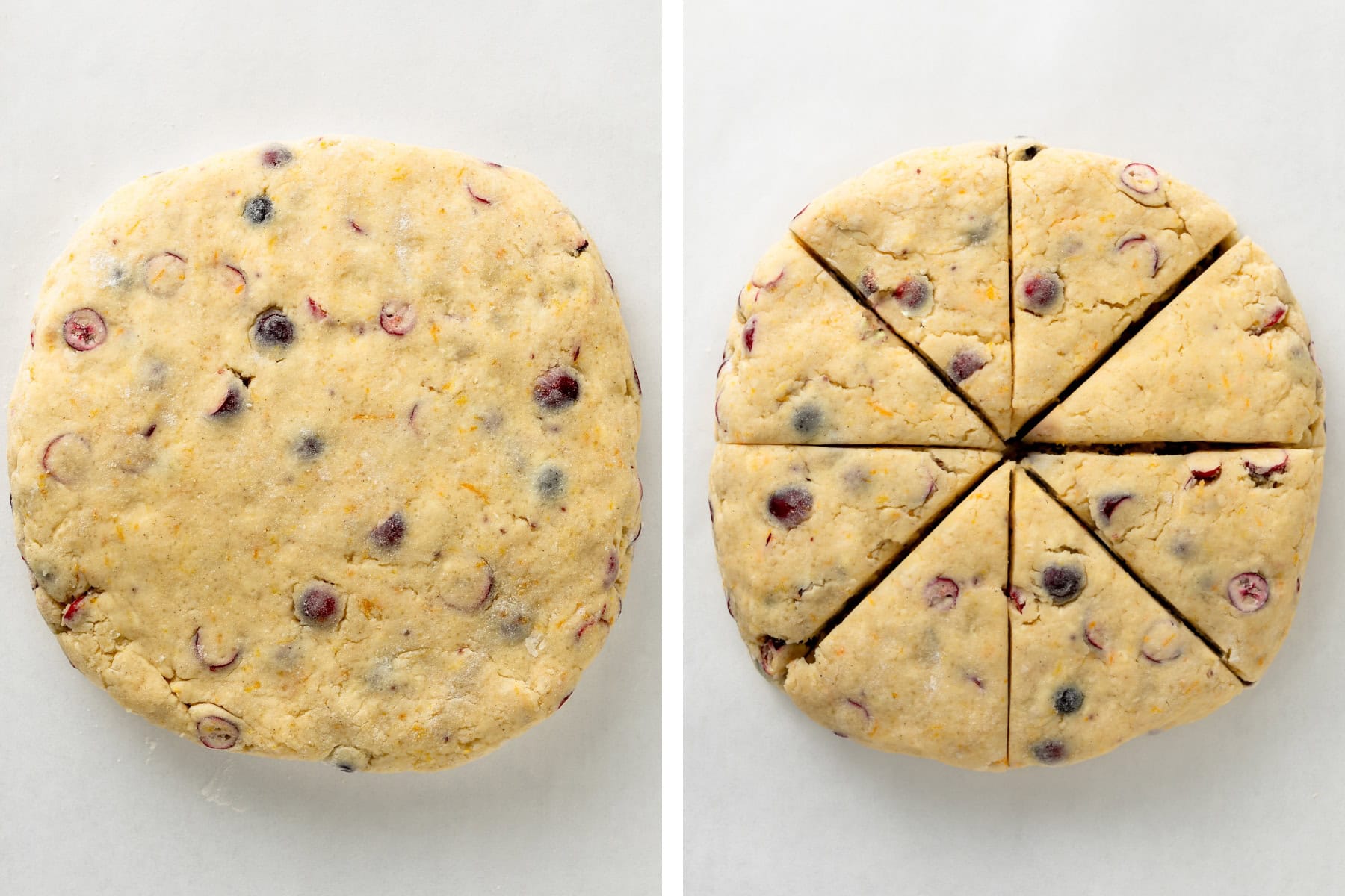 Forming the cranberry orange into a disk then cutting the disk into eight triangles.