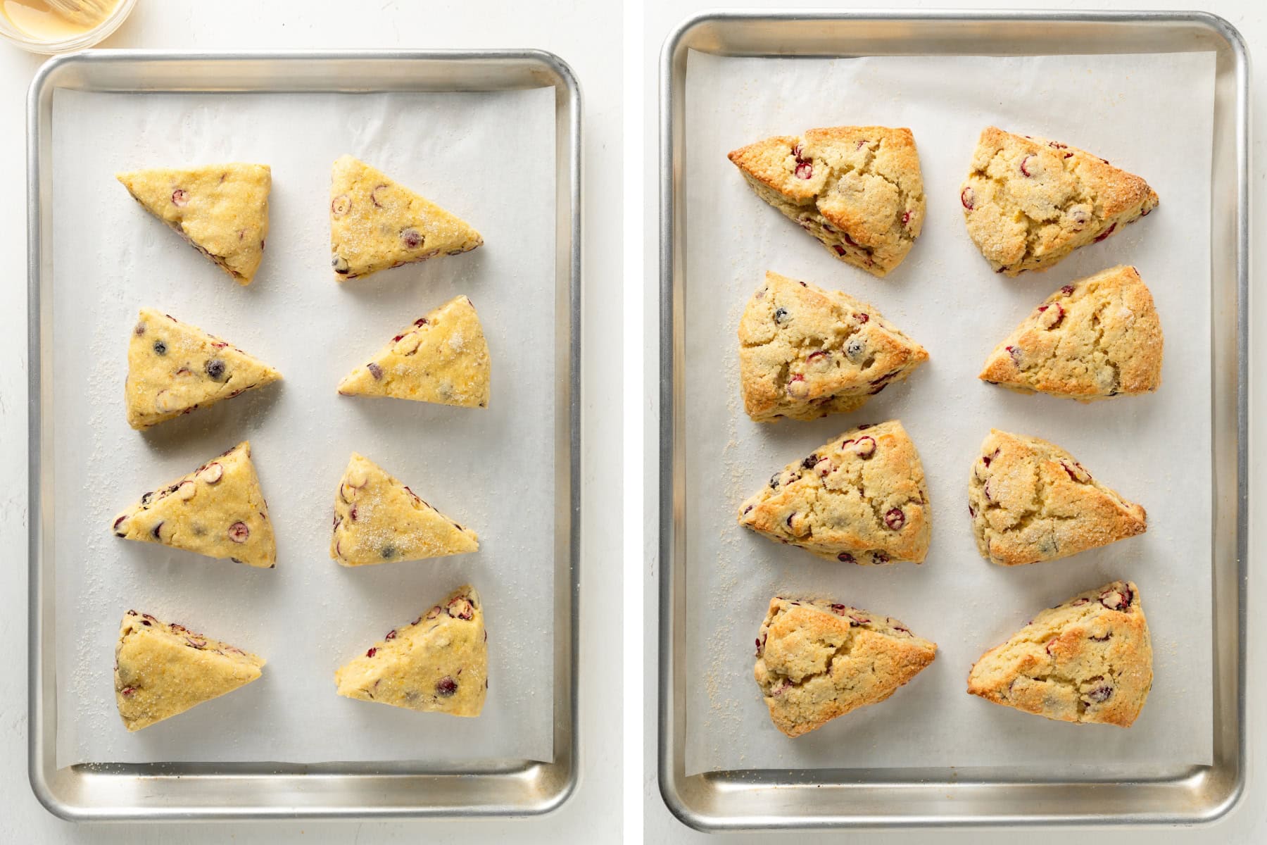 Applying egg wash and sugar coating to cranberry orange scones, then baking until golden brown.