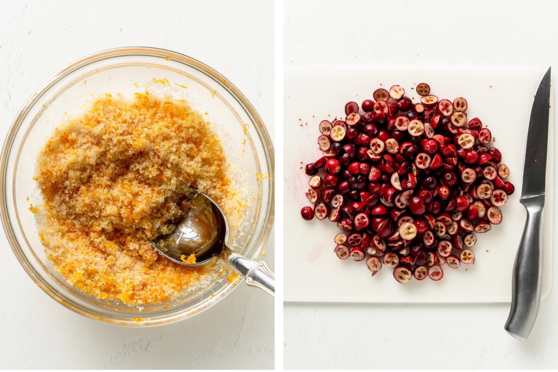 Mixing orange zest and granulated sugar in a small bowl. Chopping cranberries in half on a cutting board.