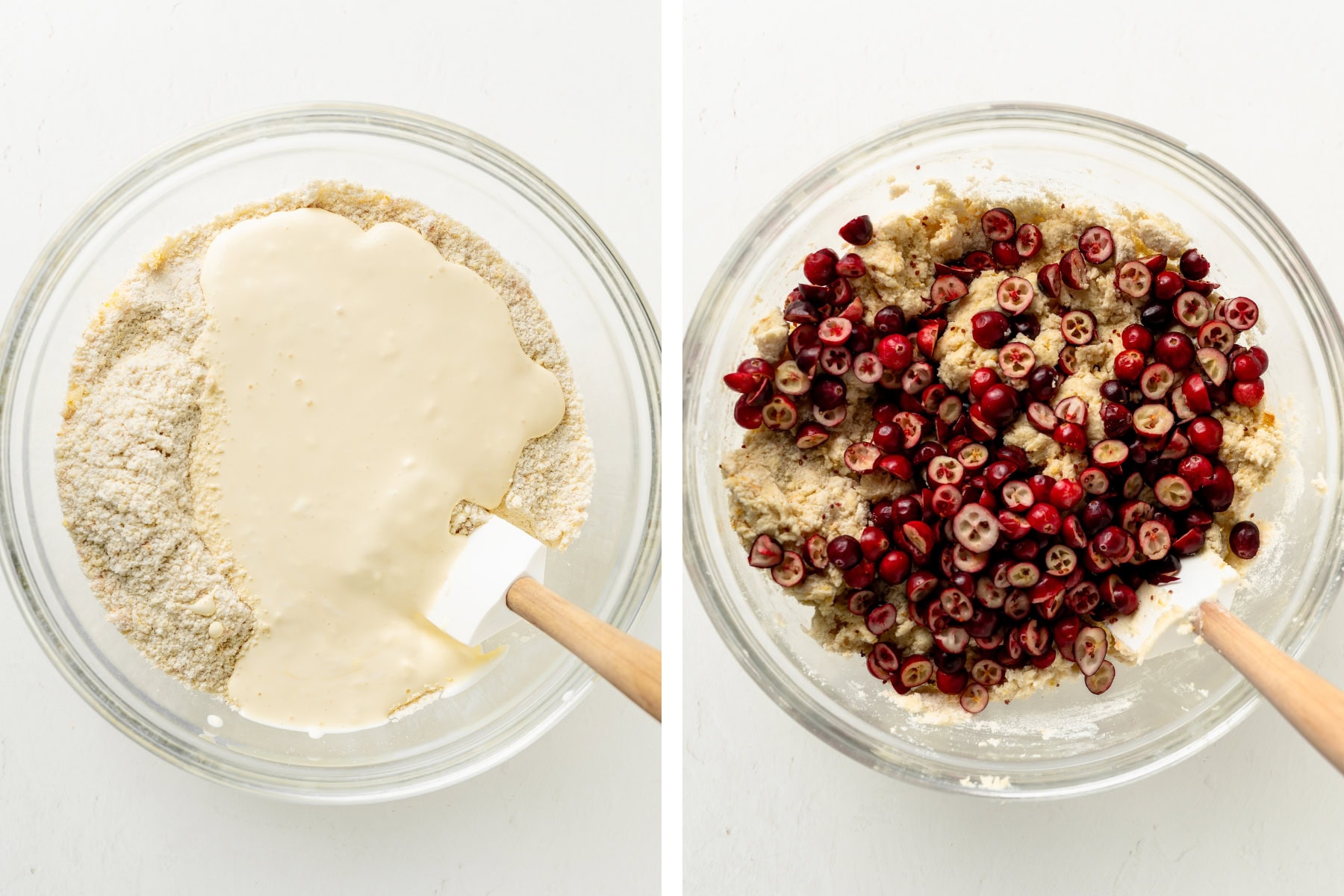 Mixing the sour cream mixture into scone dry ingredients, then folding in cranberries.