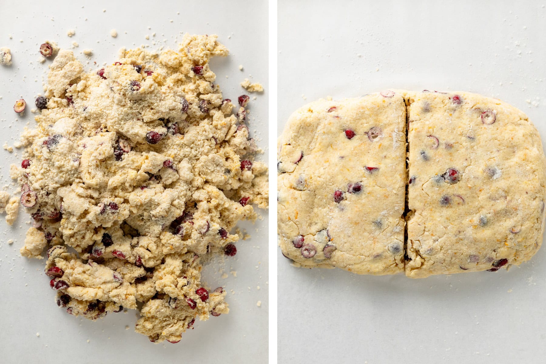 Rolling out and kneading scone dough, forming the dough into a rectangle then cutting in half.