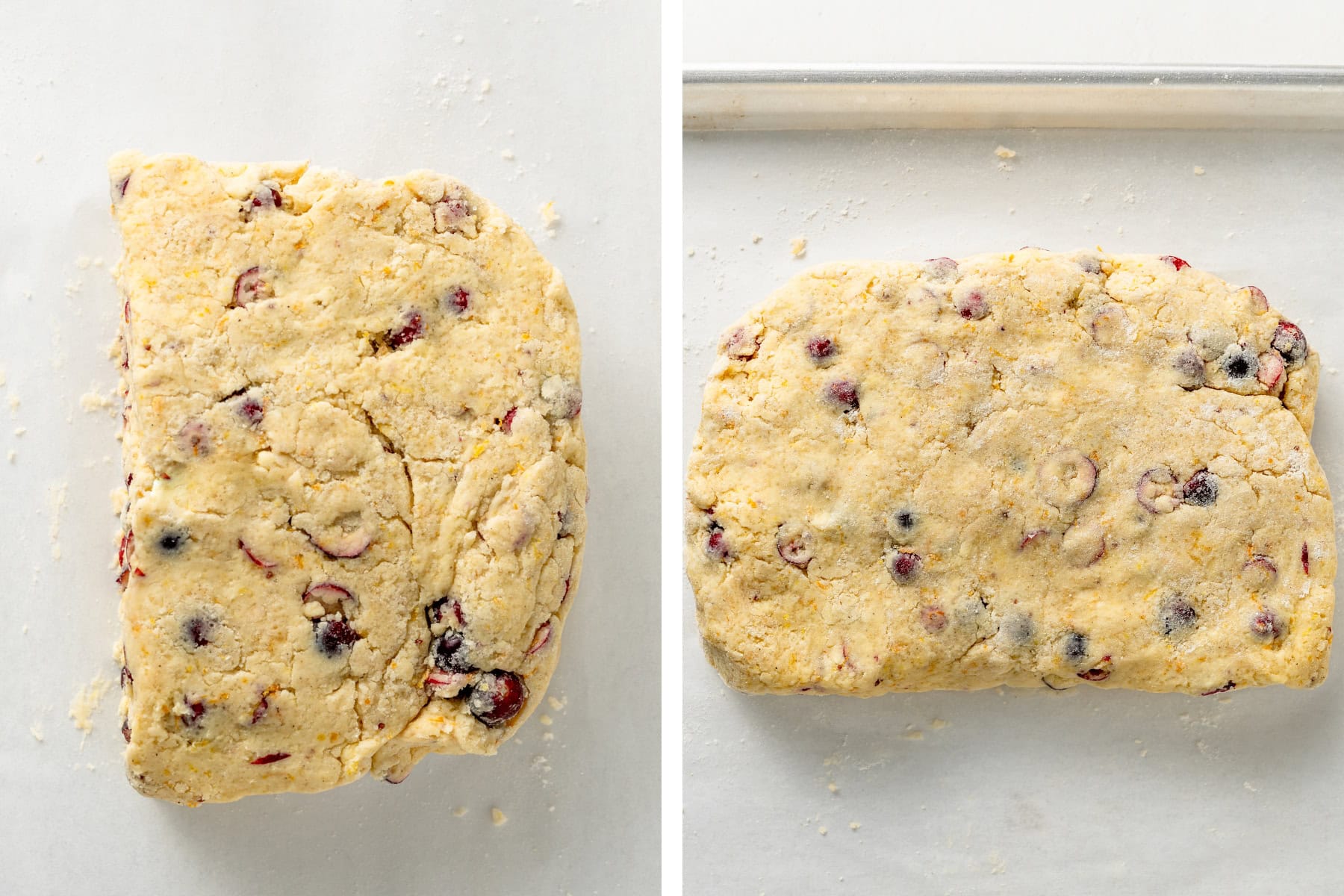 Laminating the cranberry orange scones by folding, cutting, and stacking.