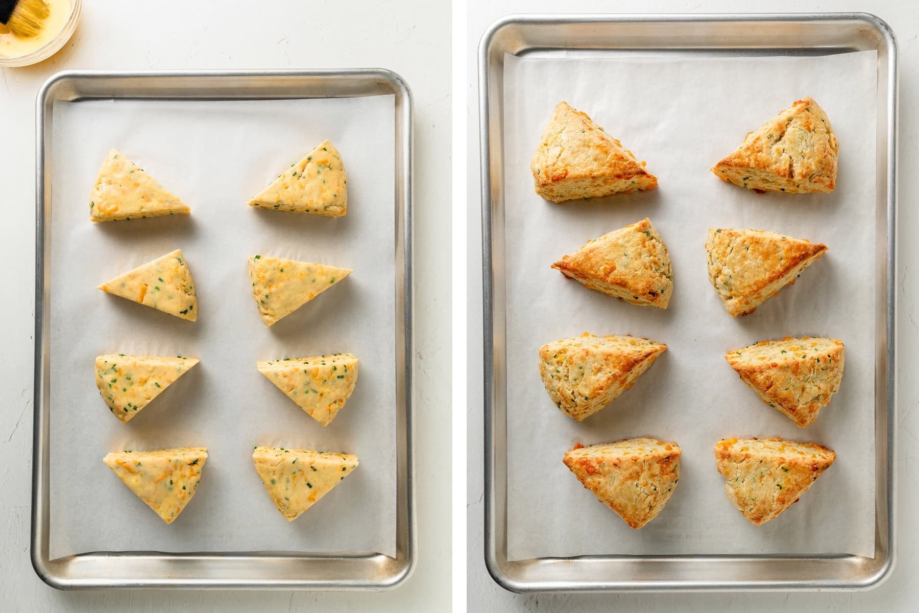 Add the egg wash to the cheddar and chive scones, then bake until golden brown.