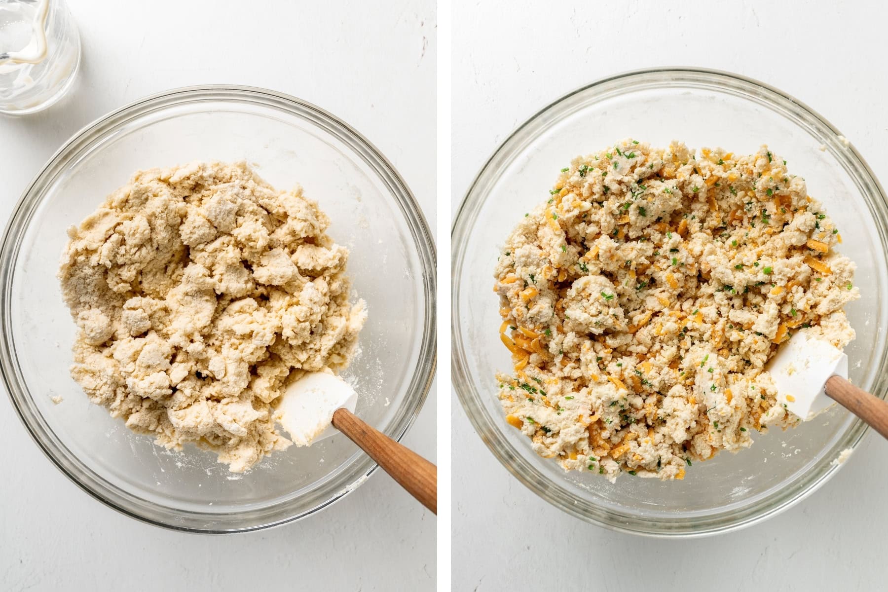 Mix the wet and dry ingredients together for scones then fold in the cheese and chives.