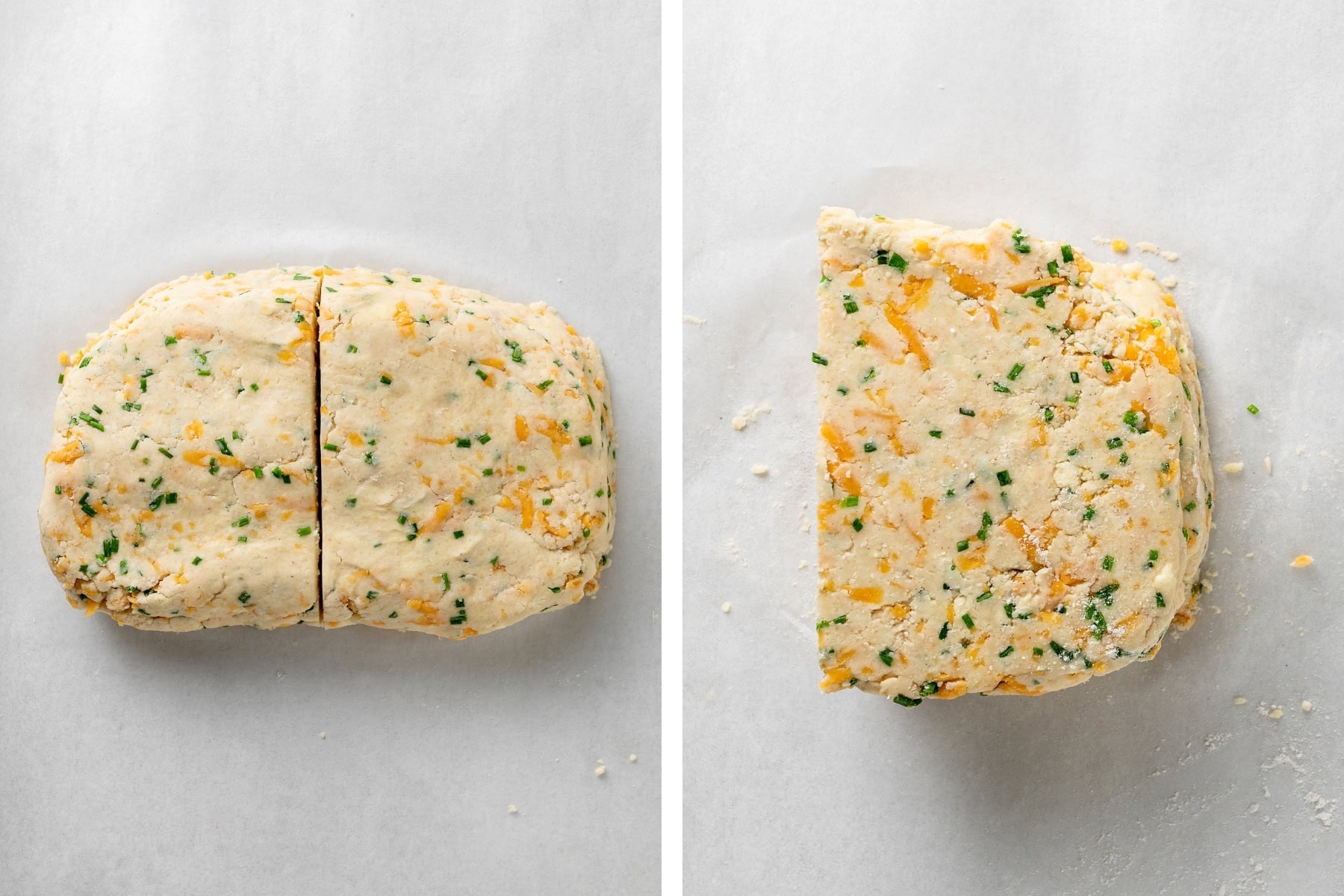 Fold the scone dough into a rectangle and cut the dough in half. Stack the pieces together to laminate.
