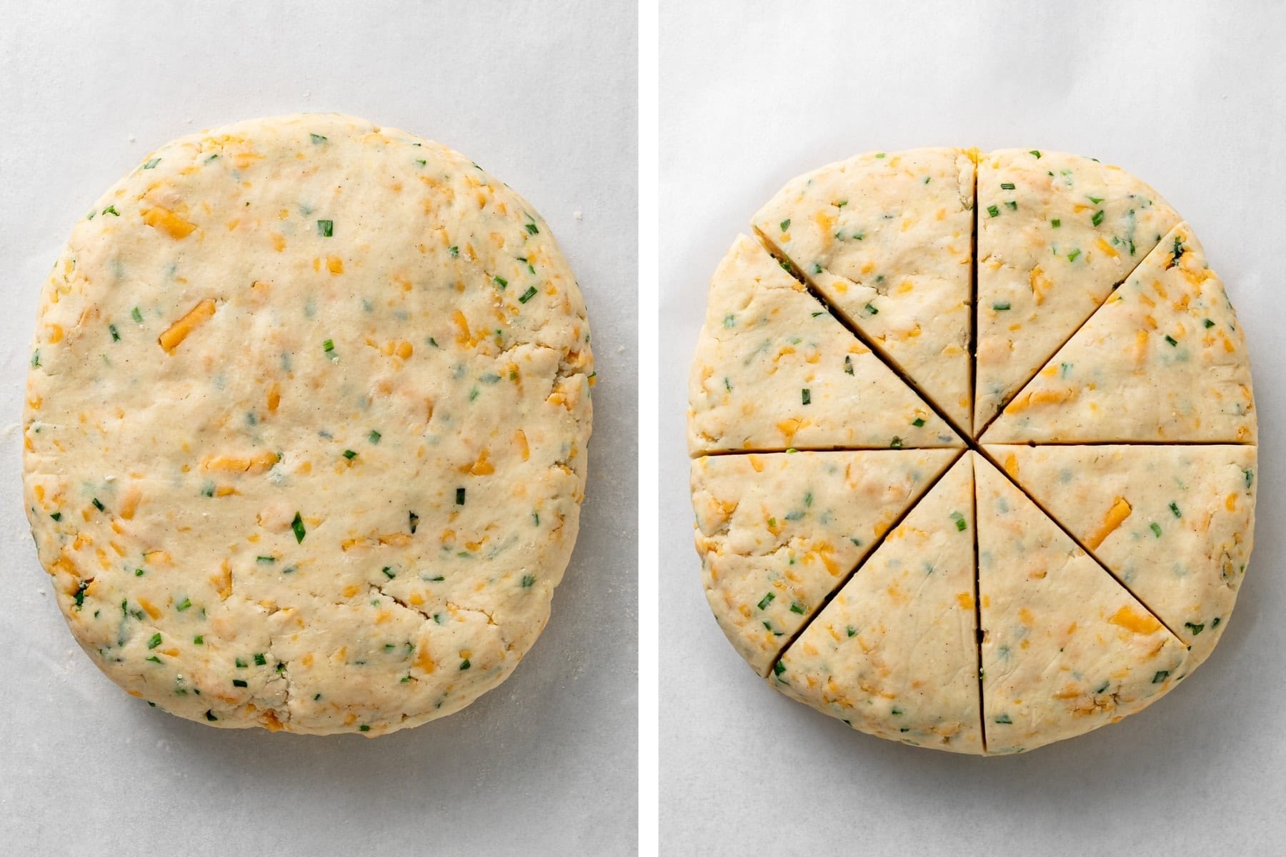 Shape the scone dough into a disk, then cut the disk into 8 triangles.