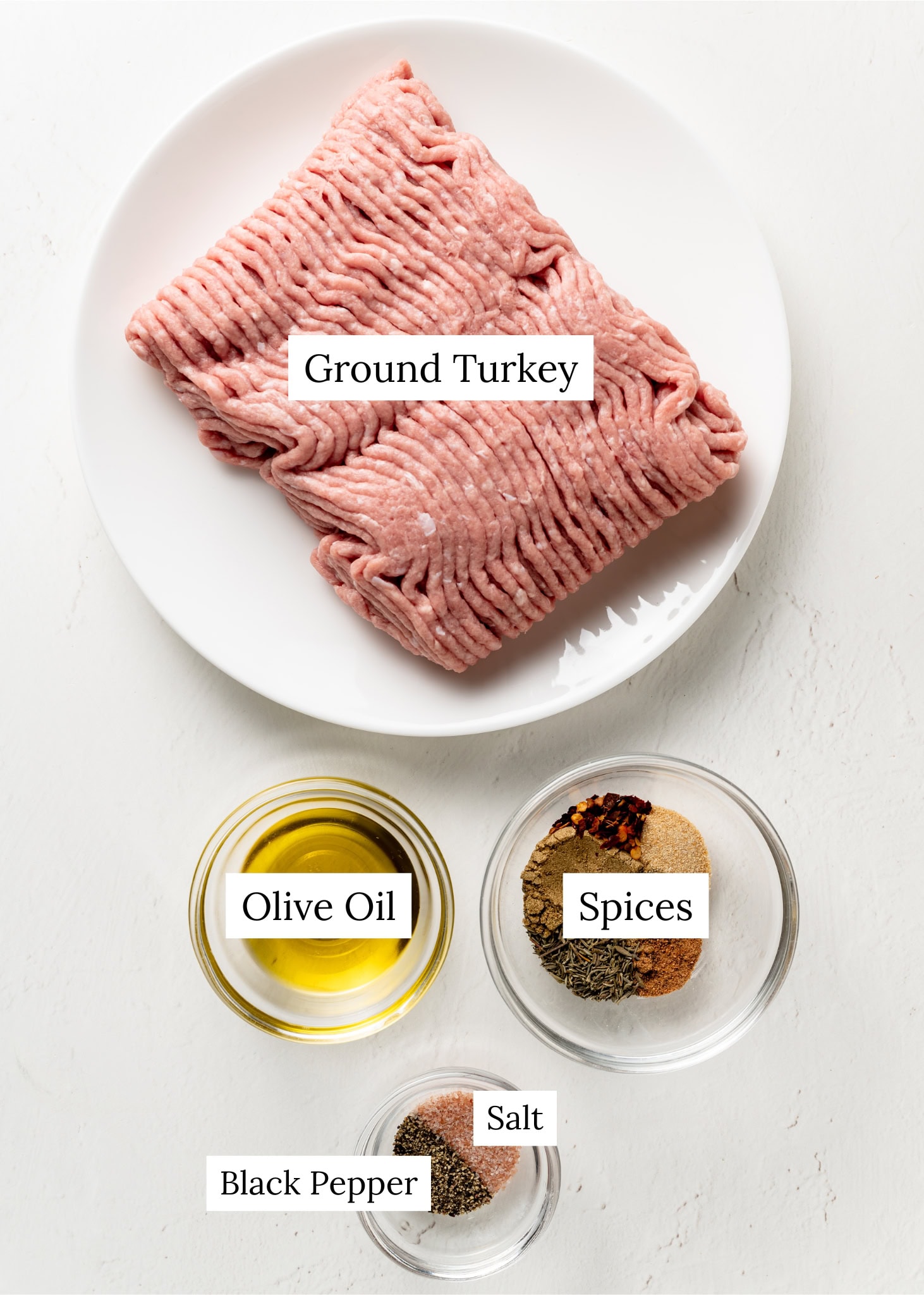 Ingredients for turkey breakfast patties. A pound of ground turkey, oil, and spices.