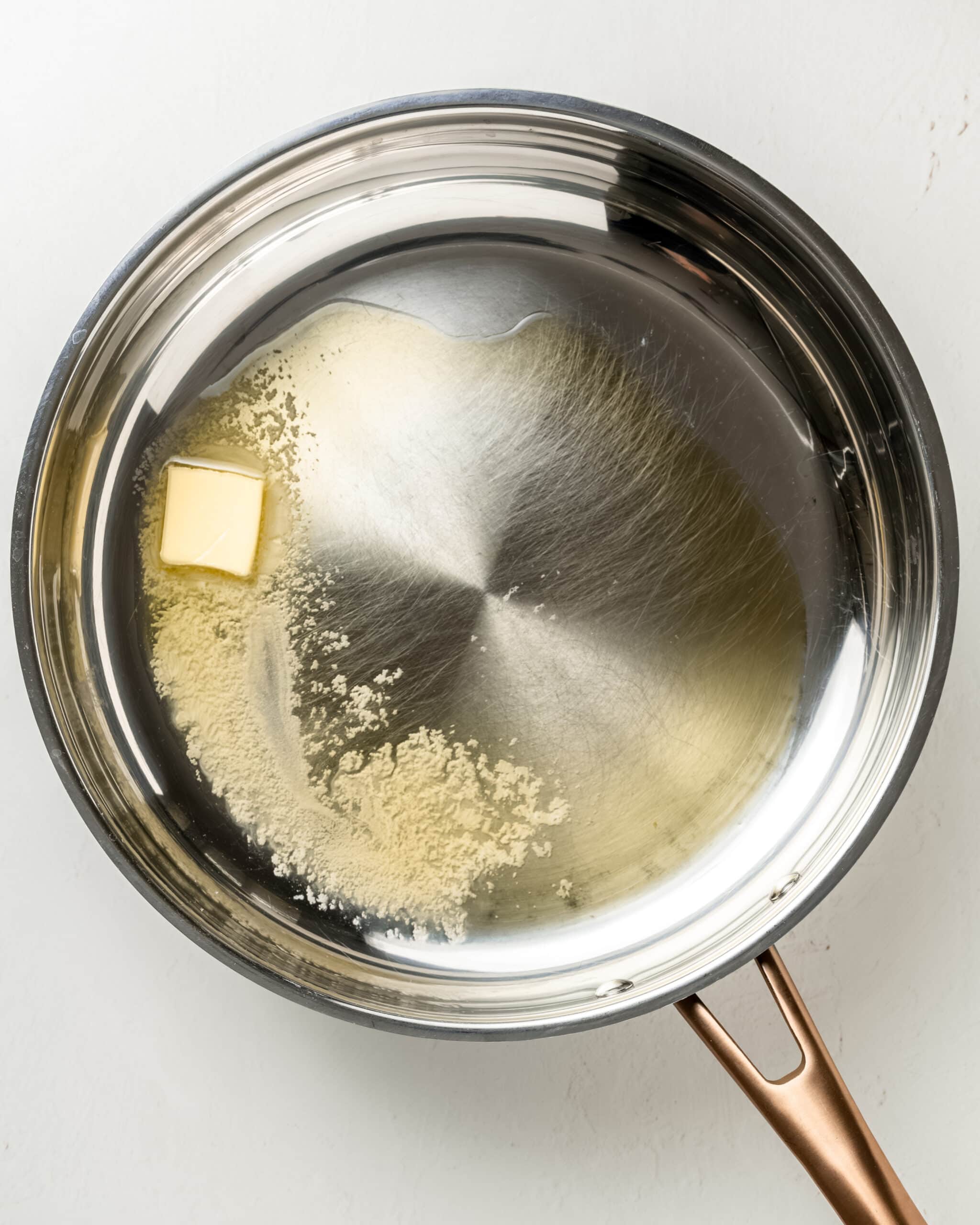 Melt the butter and olive oil in a large skillet.