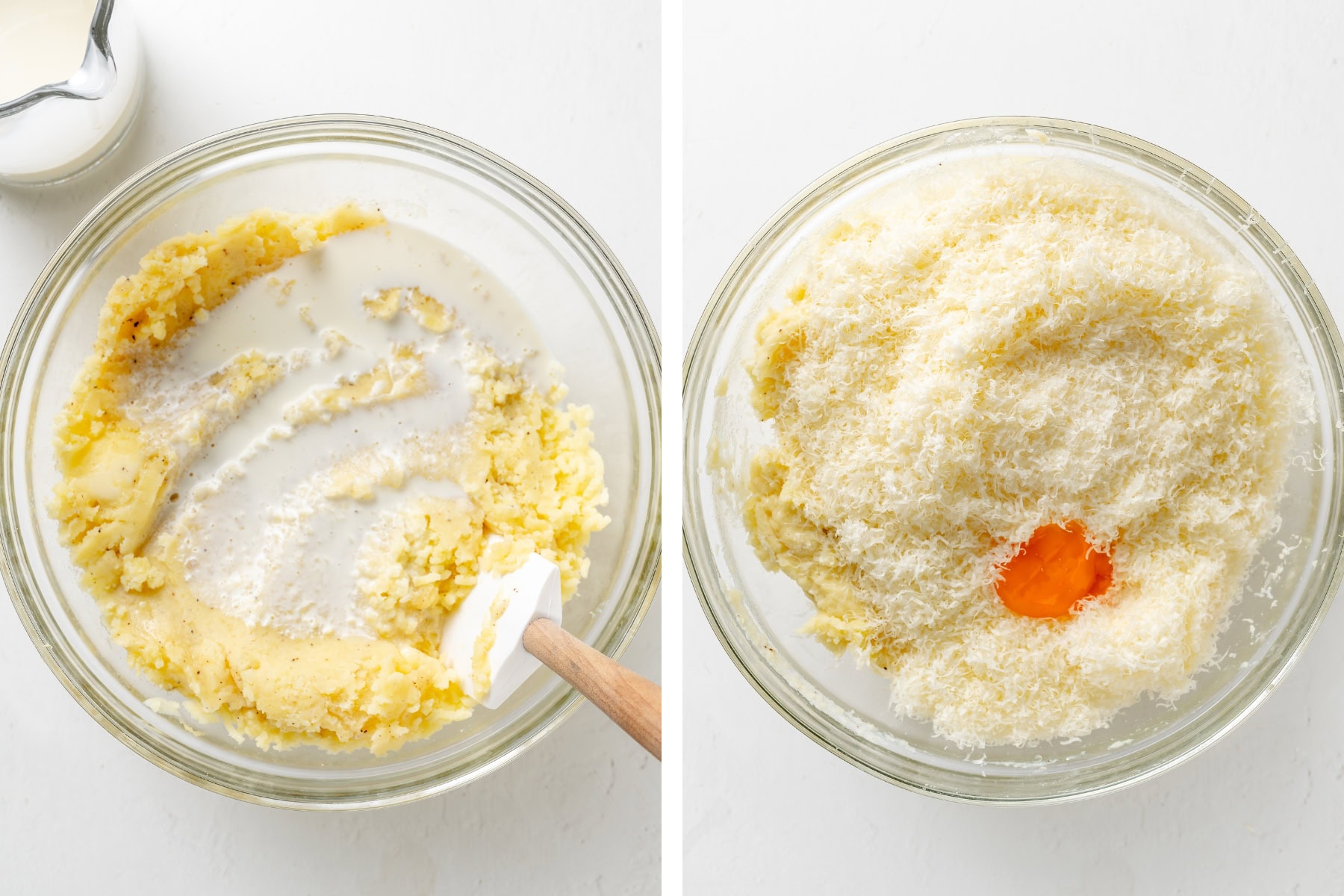 Mashed potatoes stirred in a bowl with milk. Then add cheese and egg yolk.