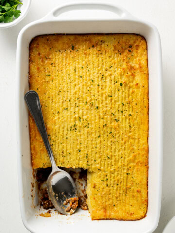 Gluten-free Shepherd's pie in a rectangle baking dish, main image