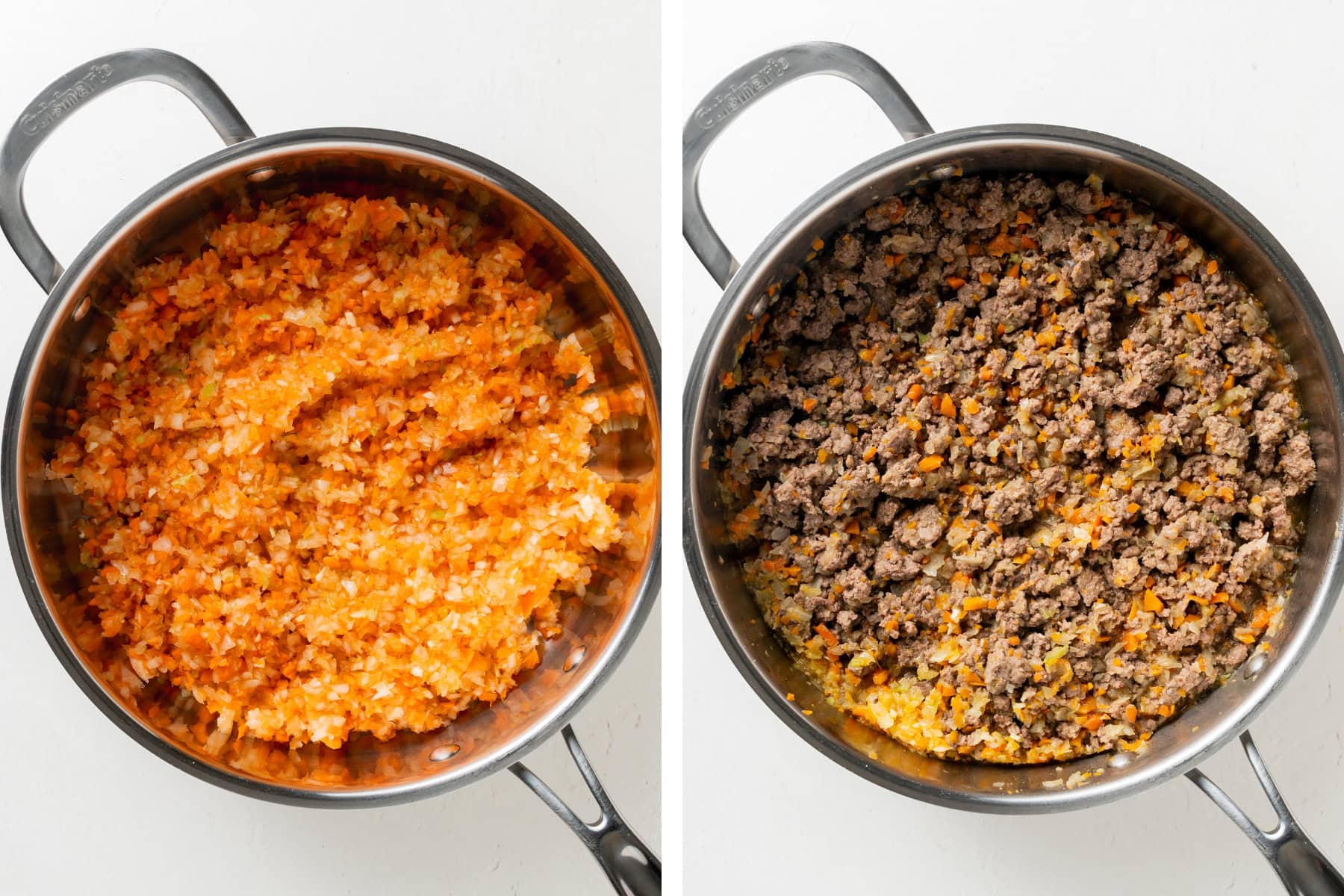 Sautéing minced vegetables in a skillet then browning lamb.