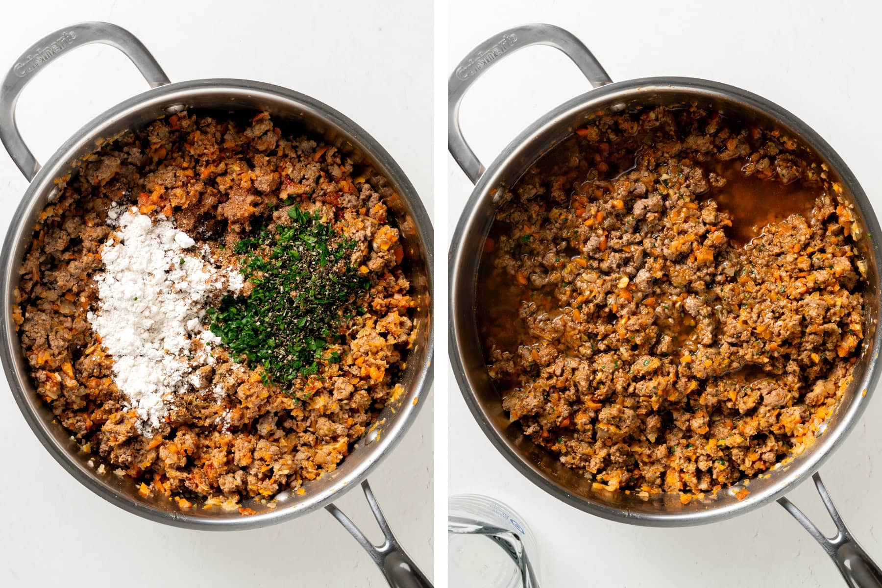 Adding flour and herbs to lamb mixture, then simmering in beef broth.