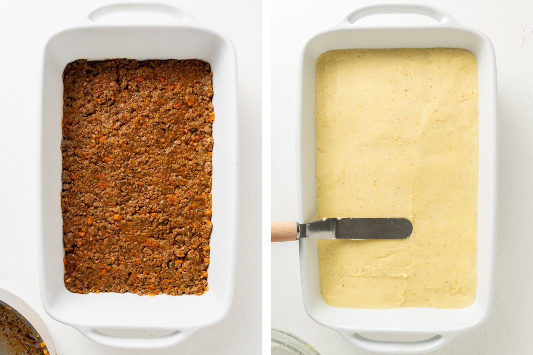 Add base of shepherds pie to large white baking dish, then spreading mashed potatoes over the top evenly.