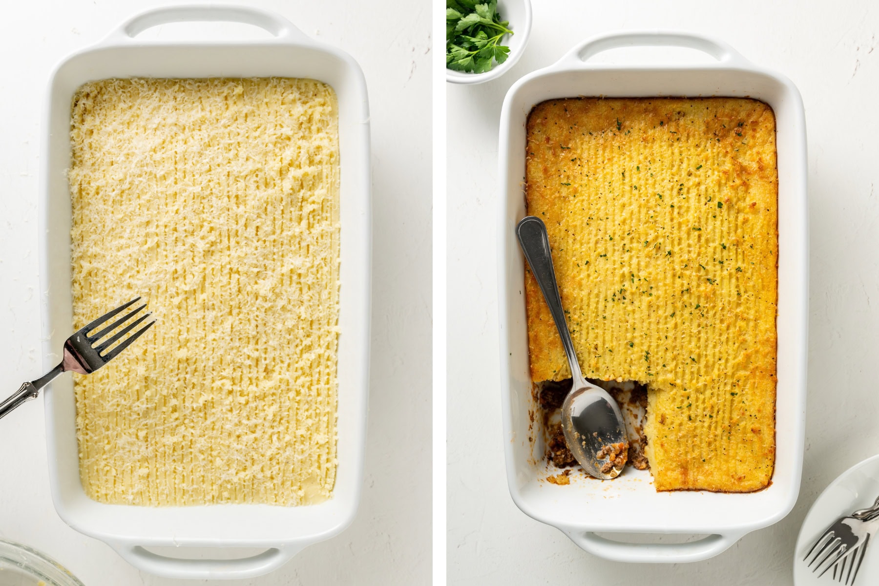 Fluffing the top of shepherd's pie with fork then baking till golden.