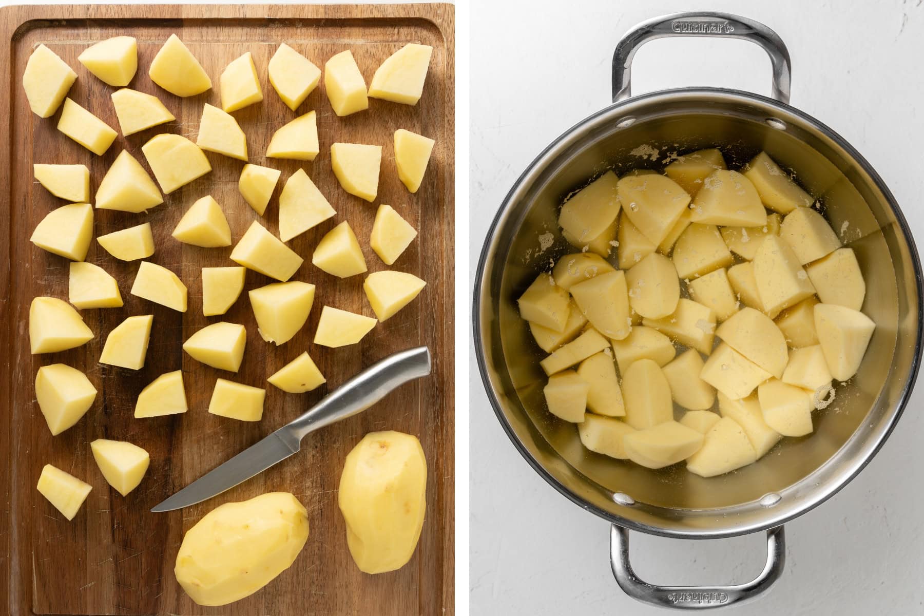 Potatoes cut into large chunks and then boiled in a stainless steel pot.