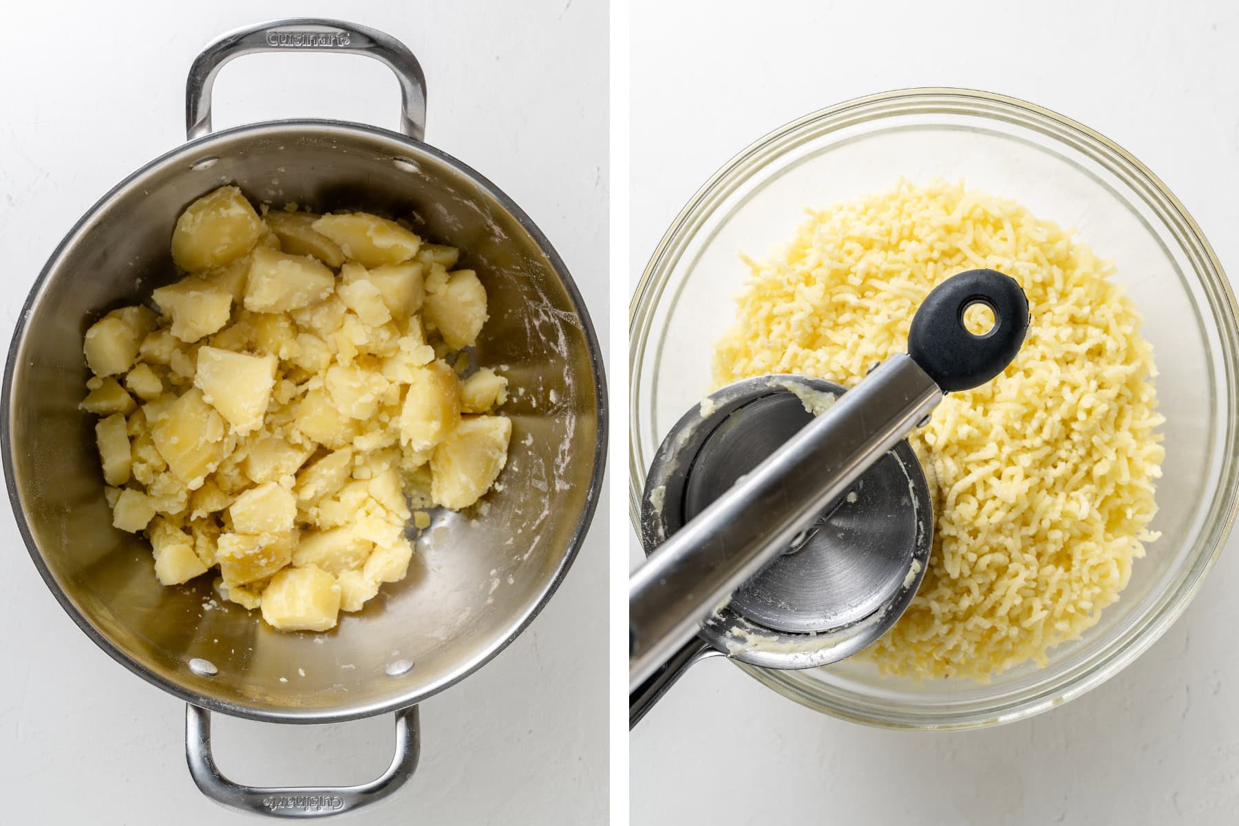 Potatoes steam drying in a pot to evaporate water, then run through a ricer into a large clear bowl.
