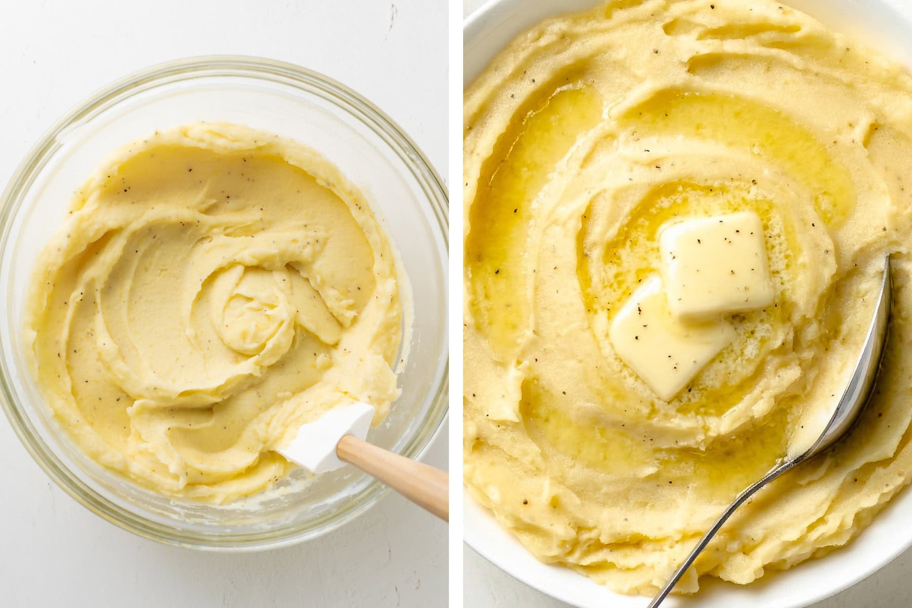Mashed potatoes smooth and then a close up of added butter and black pepper.